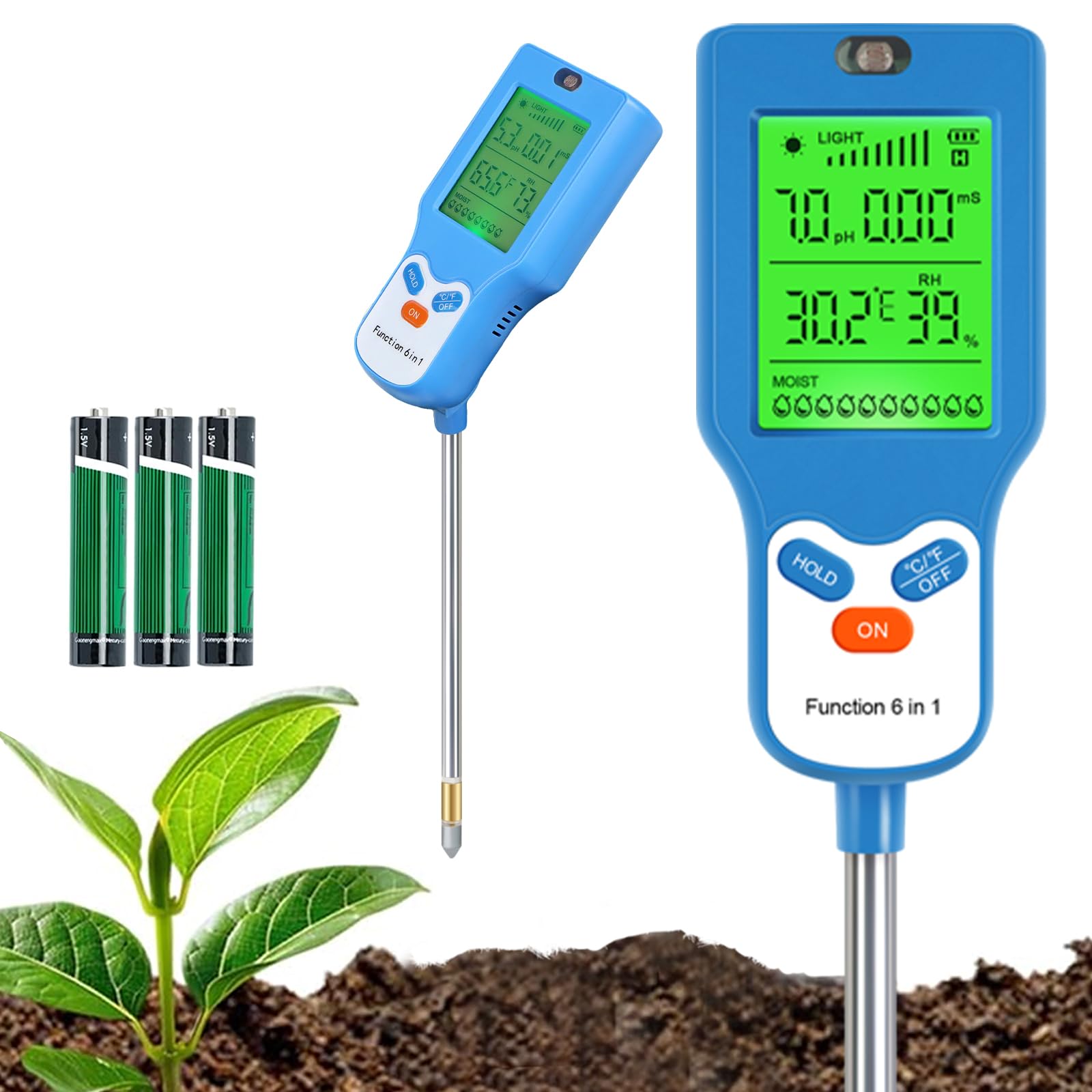 6-in-1 Soil Moisture Meter, Soil PH Tester, LCD Display Moisture Meter for Plants, for Gardening, Farming and Outdoor Plants