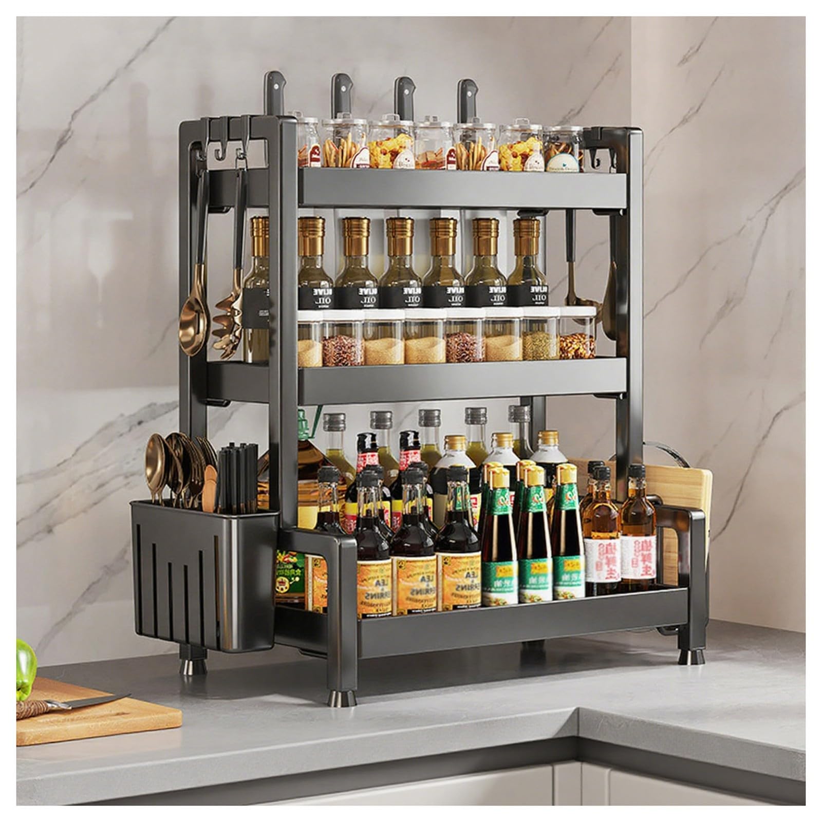 HADECOLL Carbon Steel Spice Rack, Kitchen Countertop Organizer With Knife Holder, Cutting Board Storage,Black-3 Tier-50cm