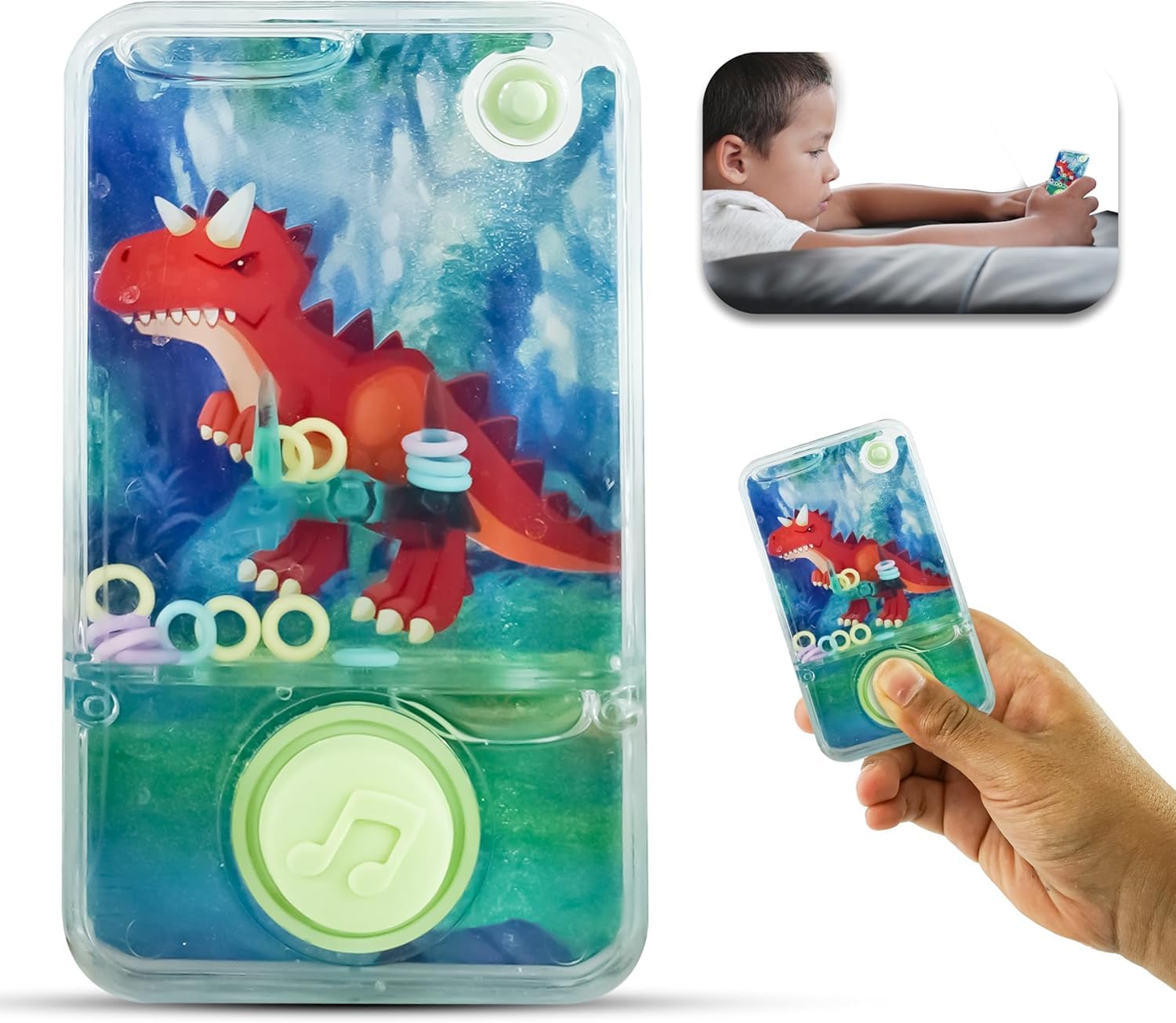 Dinosaur Handheld Water Ring Toss Game, Green Push Button Water Toy, Portable Kids Water Hoop Game, 9.5cm Durable Plastic, No Batteries Needed