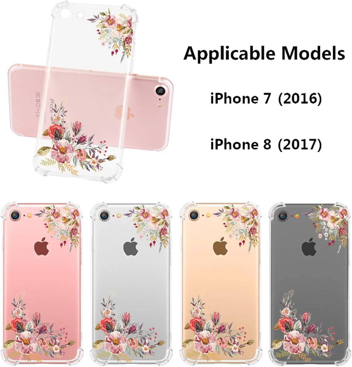 iPhone 8 Case iPhone 7 Case Clear with Cute Flowers Design Shockproof Bumper Protective Cell Phone Back Cover for Girls Women Flexible Slim Fit Pink Rose Floral for iPhone SE 2020