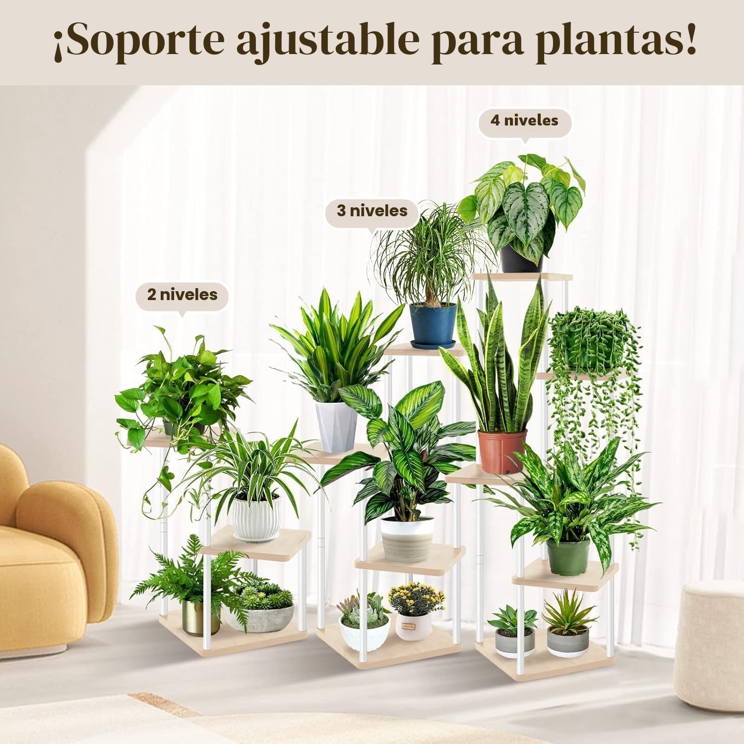 KAHEIGN 5 Niveles Soporte para Plantas de Interior, 106CM Alto Estante para Plantas de Exterior Expositor de Madera para Plantas para Patio Balcón Boho Hogar Jardín Plantas Maceta Decoración (Blanco)