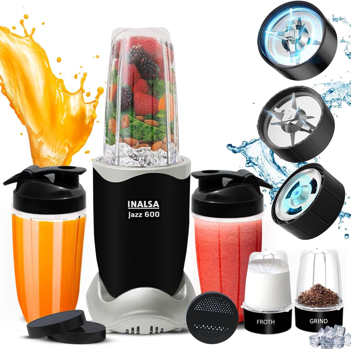 INALSA Blender Mixer Grinder|5 Jar & 600W Copper Motor| Blenders for Smoothies and Juices| Smoothie MakerBlender NutriBlender 3 Blades Including Froth Blade 2Yr Warranty,Jazz 600