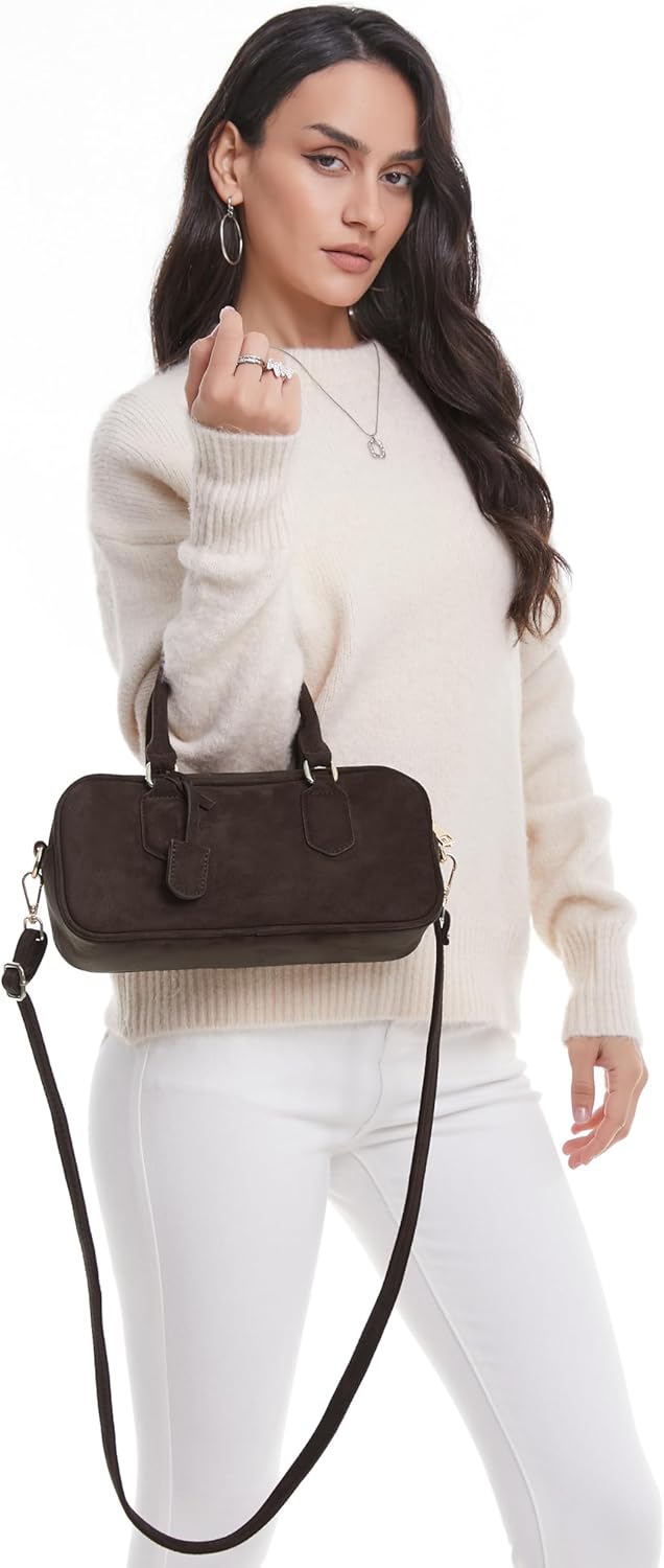 JOLLQUE Faux Suede Crossbody Bag for Women, Autumn Winter Handbags Purse, Fashion Small Designer Shoulder Barrel Bag - Image 5