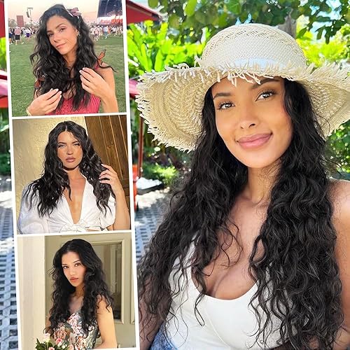 Miniatura 3 de ALXNAN Extensiones de cabello con clip, extensiones de cabello negro de 16 pulgadas, extensiones de cabello grueso y largo con ondas de sirena,