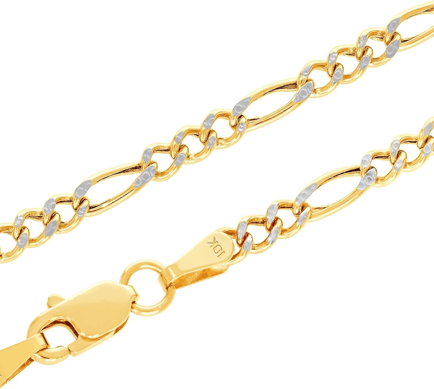 Nuragold 10k Real Yellow Gold Figaro Link 2.5mm Diamond Cut Two Tone Pave Chain Bracelet or Anklet (7"-9") Italian Jewelry for Men & Women