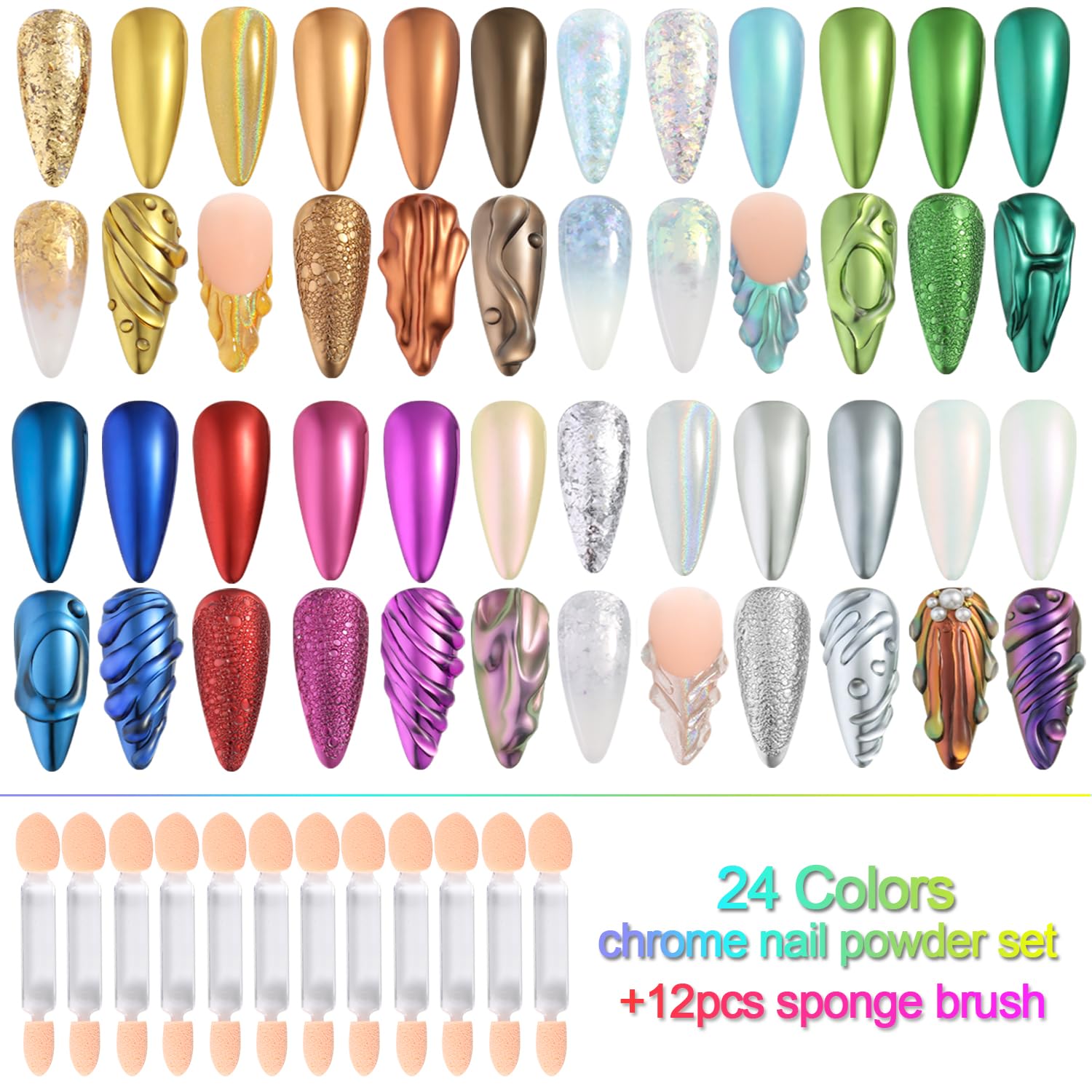 Fcozpjk Chrom-Nagelpulver-Set, 24 Farben, Spiegeleffekt, Gold, Silber, Chrom, Glitzerpulver, weiße Perle, Chrompulver, schillerndes Pigment für Nägel, Opalflocken, Blattgold für Nagelkunst-Dekoration