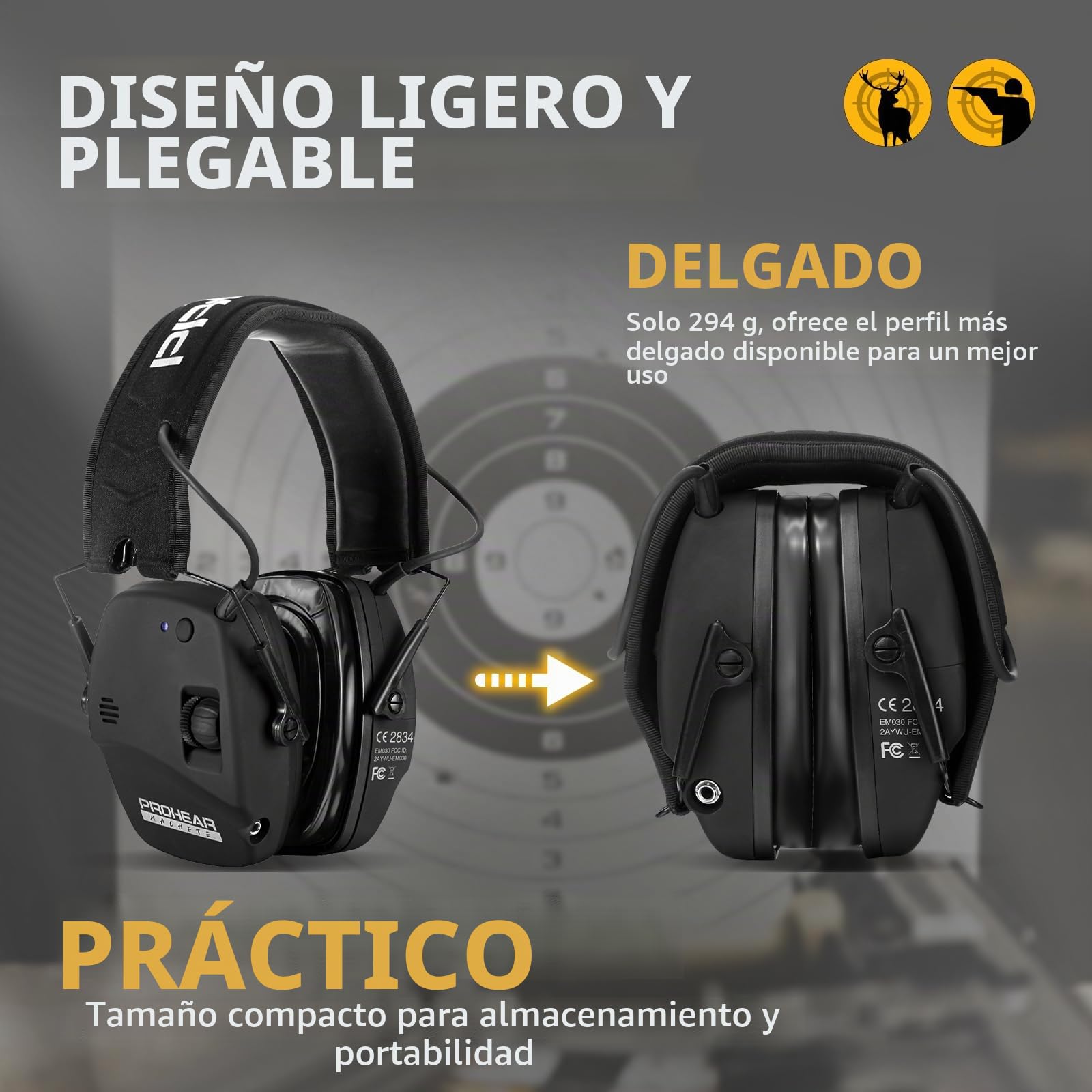 PROHEAR 030 Protección auditiva electrónica con Bluetooth 5.4, orejeras activas, reducción de ruido para caza, NRR22dB SNR 27dB, gel negro
