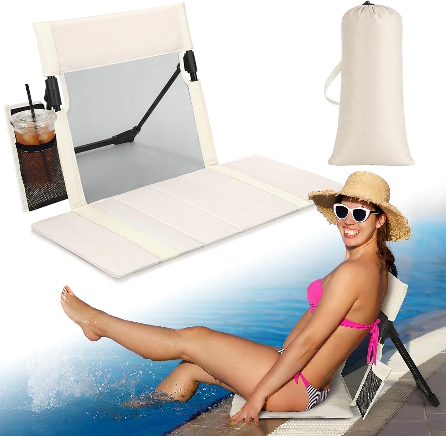 Novabright 2 Pcs Extra Large Foldable Pool Chair with Mesh Backrest Portable Camping Chairs Poolside Seat with Cup Holder Beige Folding Seat for Edge of Pool Beach Camping Picnic Accessories