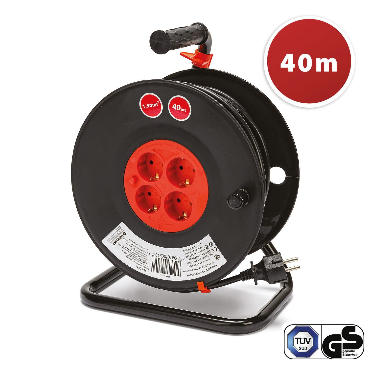 Przewijak DIY 4 gniazda standard Schuko, przewód H05VV-F3G1.5MM2, 40M, CE.
