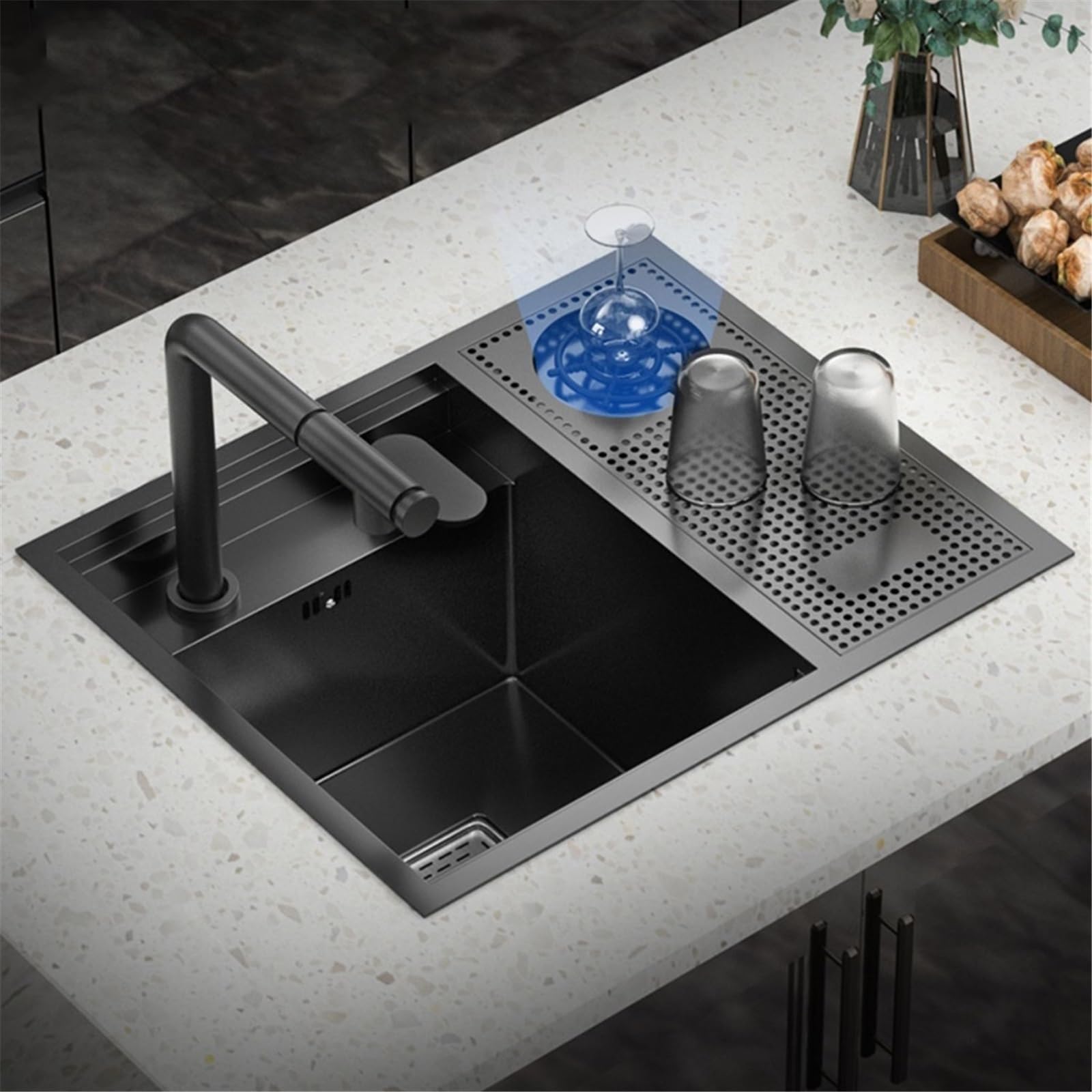 Wohnmobil-Küchenbar-Spüle, Versteckte Edelstahlspüle Mit Abdeckung Und Wasserhahn, Siphon-Design Für Balkon, Studio-Apartment, Außenbereich Und Handwaschbecken(Sink+faucet B)