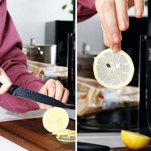 Miniatura 8 de Hecef - Juego de 6 cuchillos de cocina, color negro mate con soporte acrílico, hoja de acero inoxidable martillado y mango de polipropileno, apto