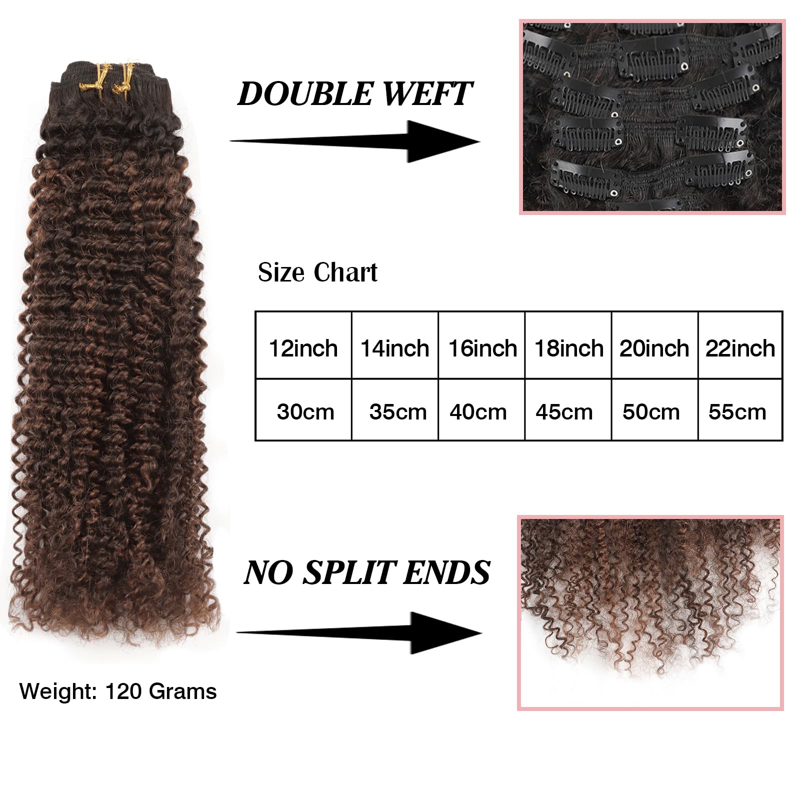 Sixstarhair Kinky Curly Extensions aus menschlichem Haar Clip-In Haarextensions Doppelter Weft 7 Teile 120g Mit Schwarz verwurzelt Ausblendend zu Naturschwarz mit Medium Auburn #30 7 Teile