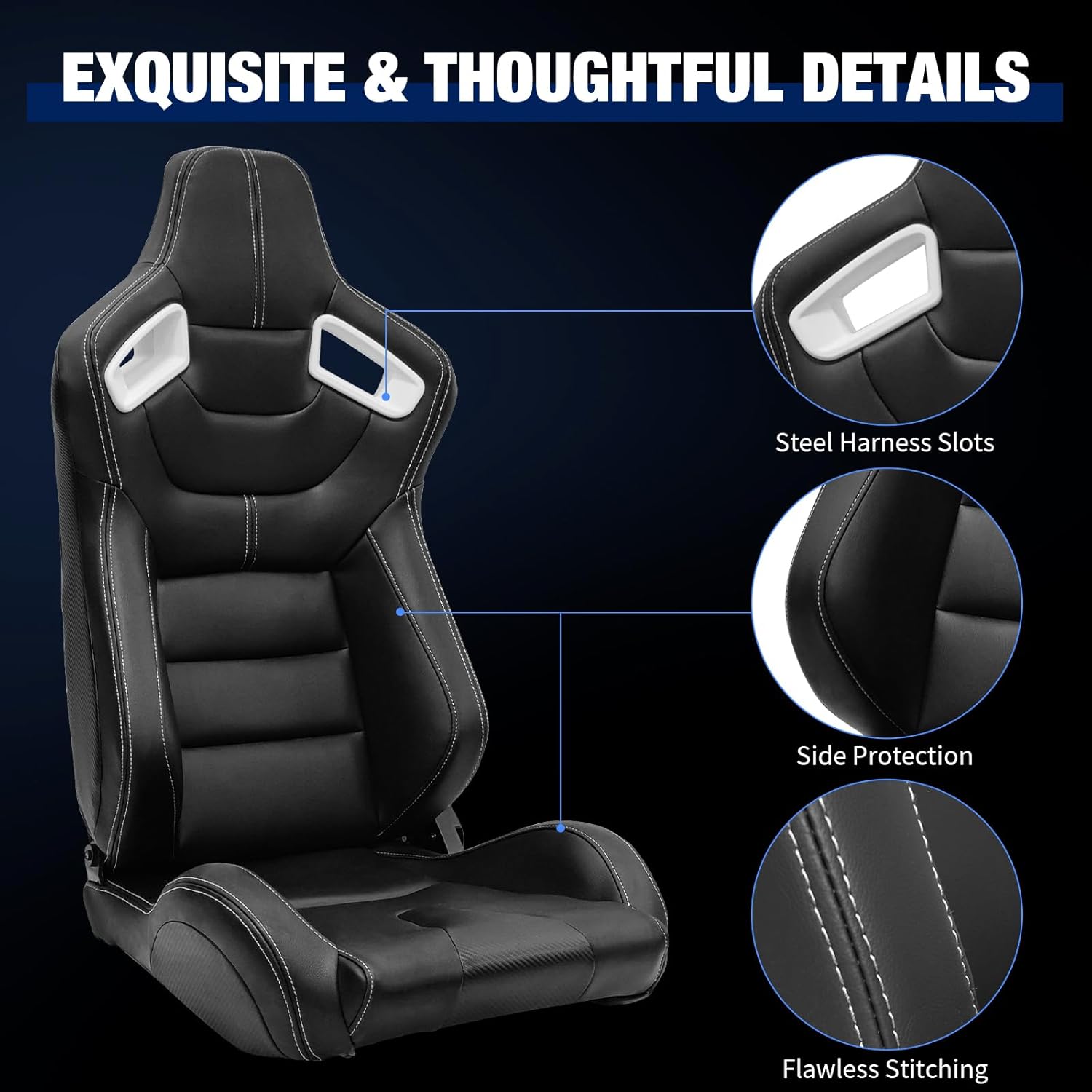 FREEMOTOR802 Racing Seats with Dual Lock Sliders, Universal For Most Cars Vehicles First Row, 1 Pair Reclinable Sport Bucket Seats, PU Carbon Fiber Look Leatherette, Black White Slots