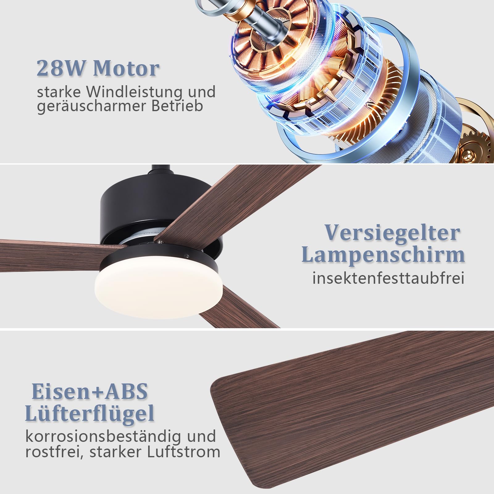 Homefire Ventilateur de plafond LED 131 cm avec éclairage, silencieux, 3 pales, télécommande