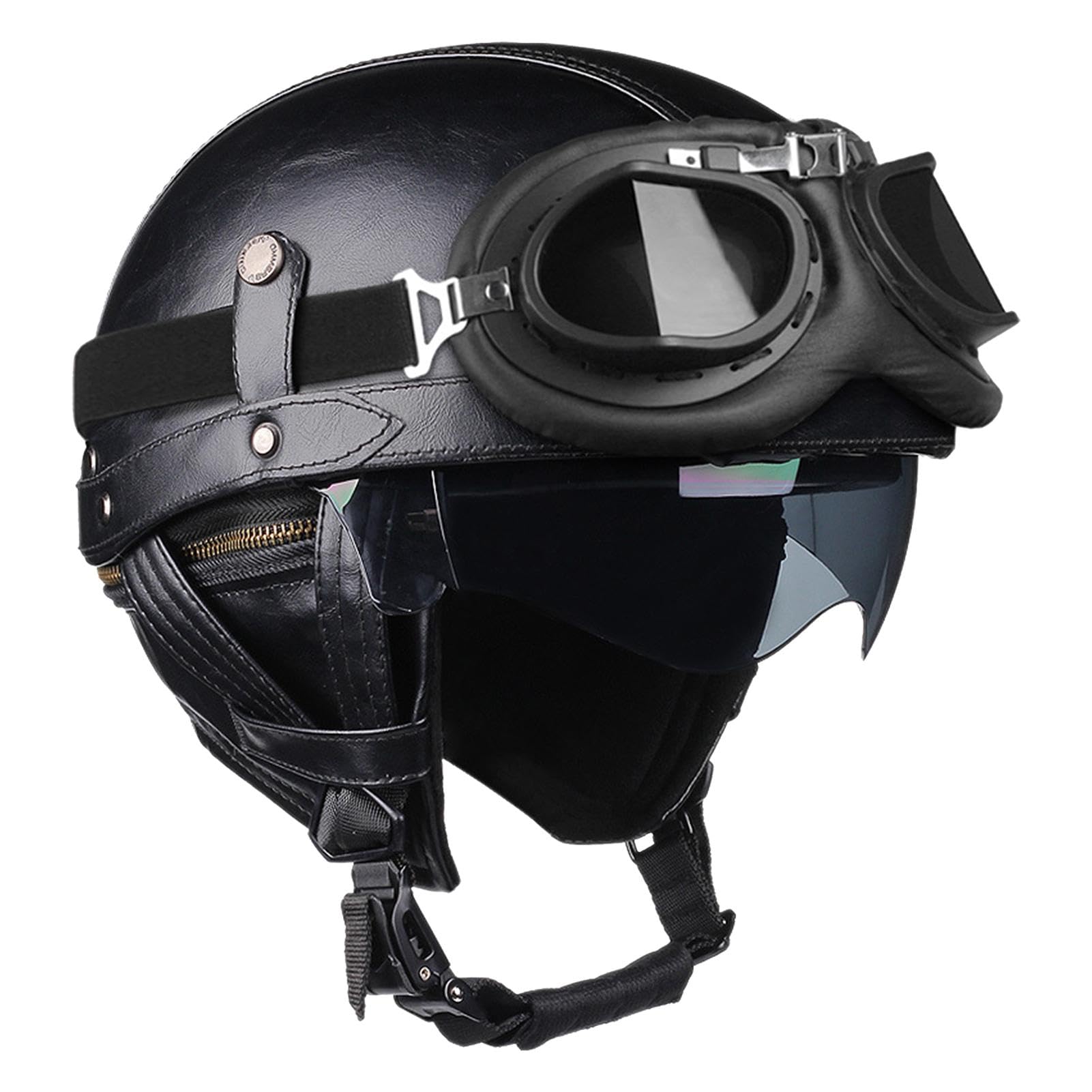 Casco de moto abierto con hebilla de seguridad rápida y revestimiento de cuero vintage 8