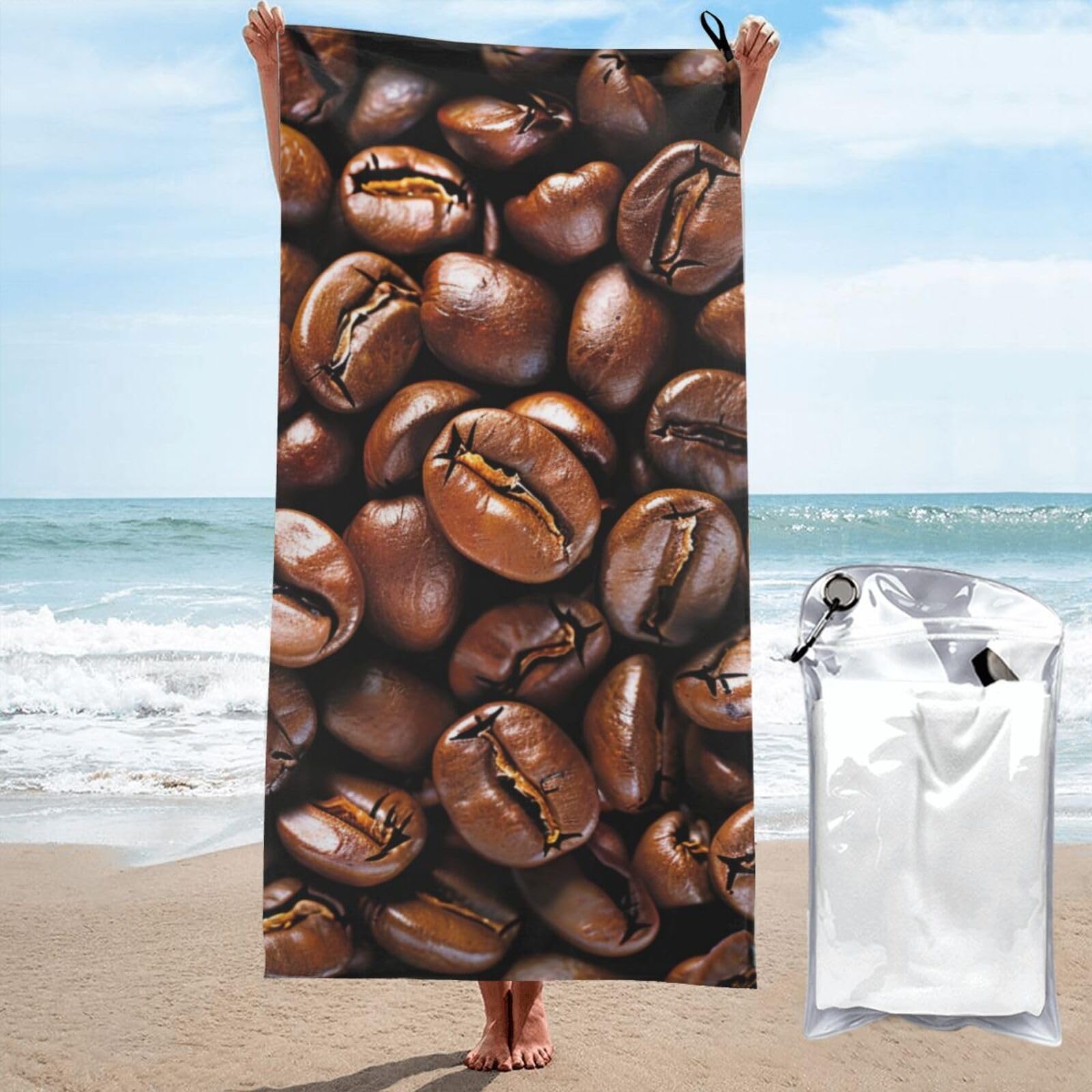 kkvhhyuo Microfiber Beach Towel, Funny Roasted Coffee Beans Printed Lightweight Quick Dry Travel Bath Sheet with Compact Carry Bag for Swimming Yoga Camping Gym,27.5"x55"