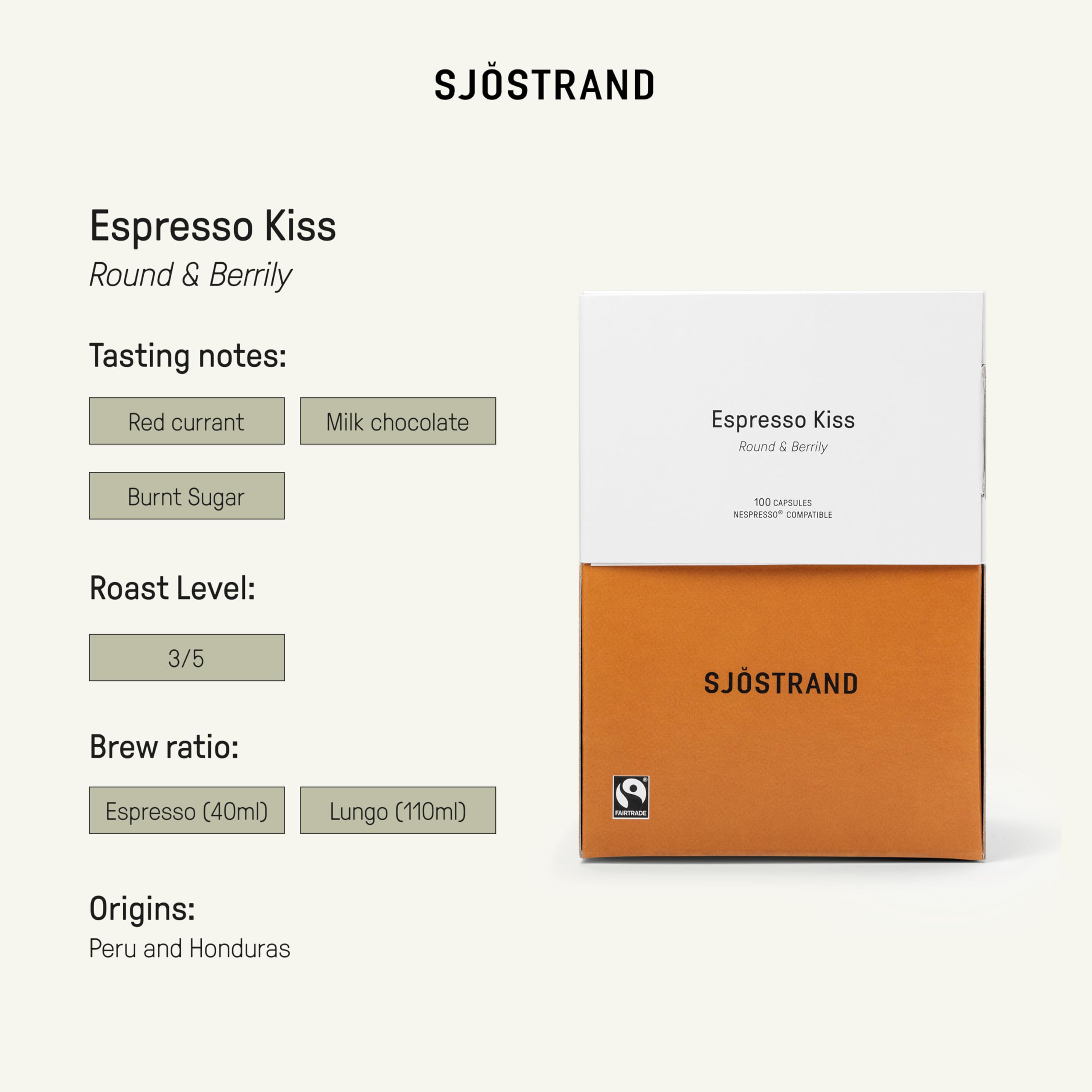Sjöstrand Coffee Concept Espresso Kiss - Cápsulas de café orgánico, compatibles con Nespresso, 100 cápsulas, compostables, Comercio Justo.