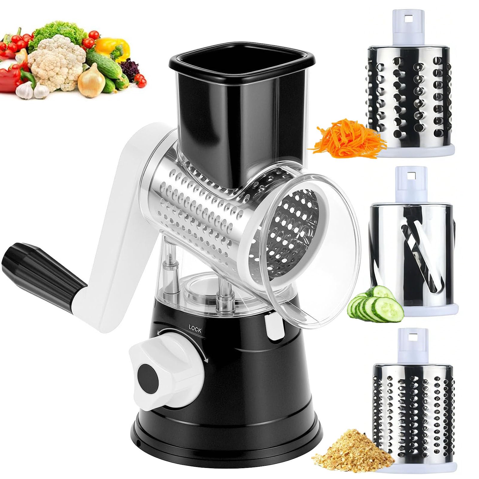 Rotary Cheese Grater with 3 Replaceable Stainless Steel Drum Blades, Non Slip Suction Base Vegetable Slicer Handheld Round Cheese Grater for Cheese, Vegetables, Fruits, Nuts (Black)
