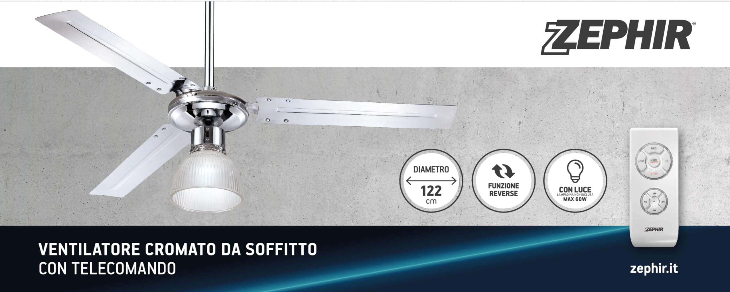 Zephir ZFS3121X Ventilatore da Soffitto in Metallo con Lampada, Argento