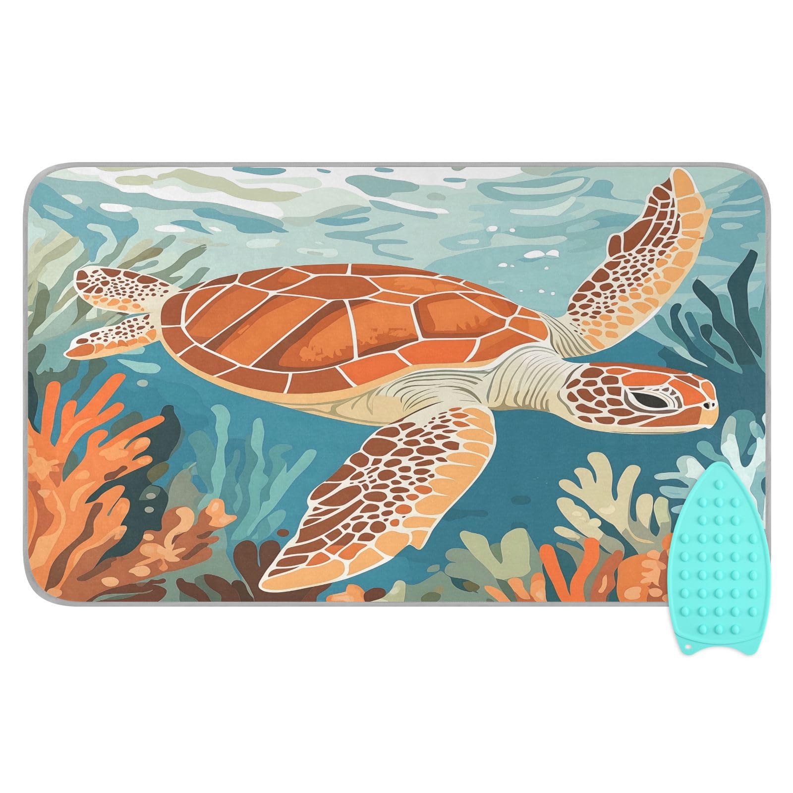 pnyoin Portable Ironing Mat Sea Turtle Swimming Travel Ironing Pad with Silicone Iron Rest for Steam Pressing on Tabletop or Bed Heat Resistant Portable Quilting & Travel Blanket