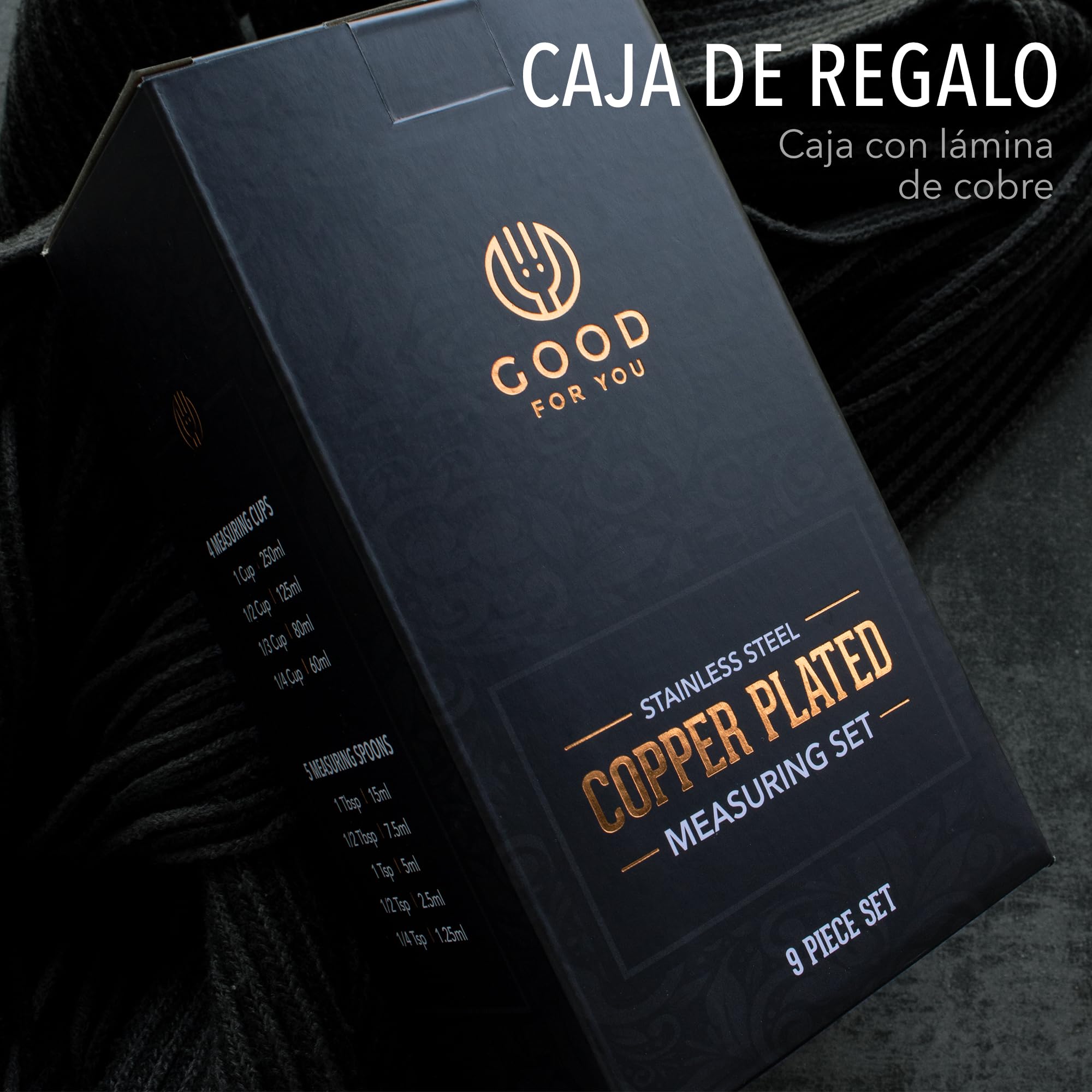 GOOD FOR YOU - Juego de 9 Piezas de Tazas y Cucharas Medidoras | de Cobre y Acero Inoxidable brillante |con Medidas grabadas | Para ingredientes secos y líquidos, cocinar y hornear