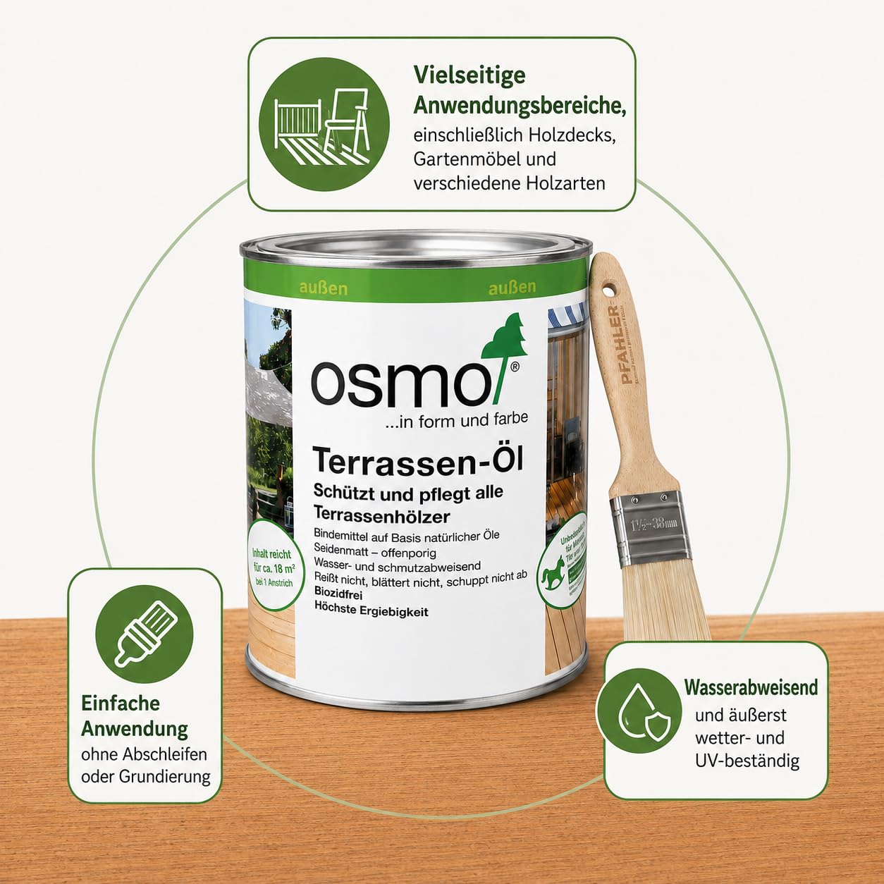 Osmo Terrassen-Öl Lärchen 009 Naturgetönt 2,5 l + Flächenstreicher Pinsel von Pfahler Gratis