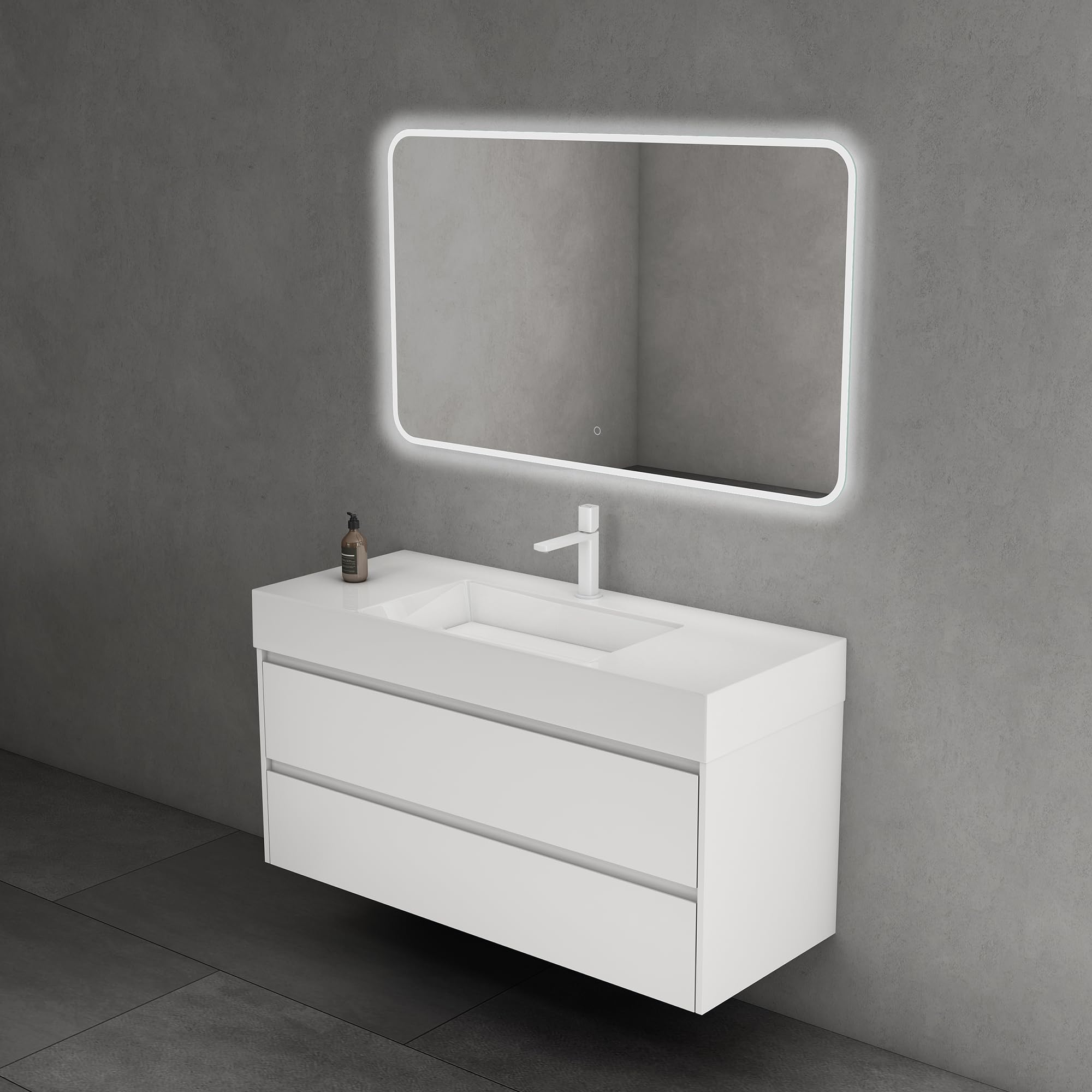 doporro Meuble de Salle de Bain Suspendu 120x48x50cm Ensemble de 2 Pièces | Blanc Mat, avec Lavabo en Solid Surface, Design Deep