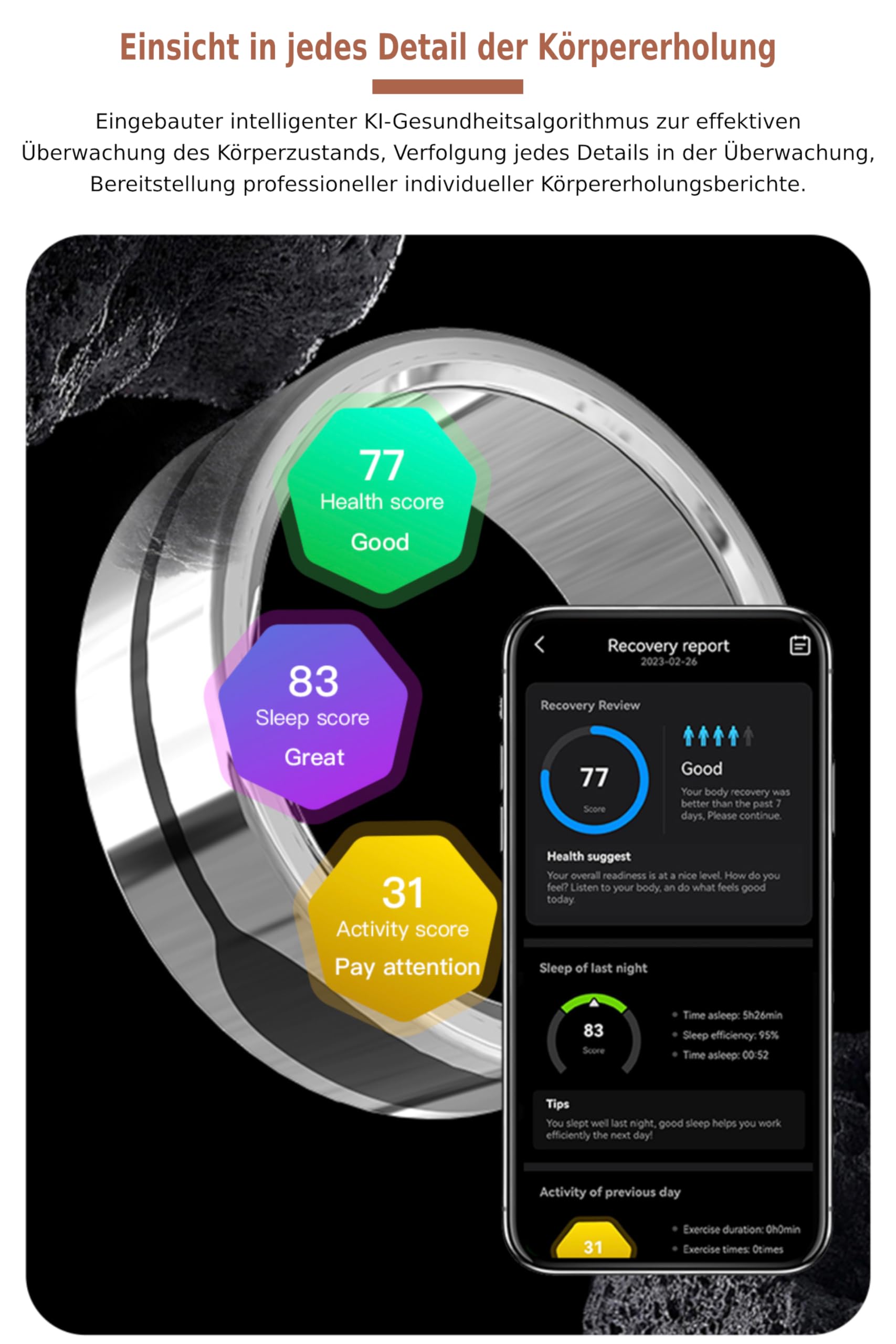 Aizo Ring - Votre Partenaire de Vie, Smart Ring Pro amélioré avec Télécommande et Rappel de Calendrier, Tracker d'activité étanche 5 ATM, Or Rose pour Femme à Usage Quotidien