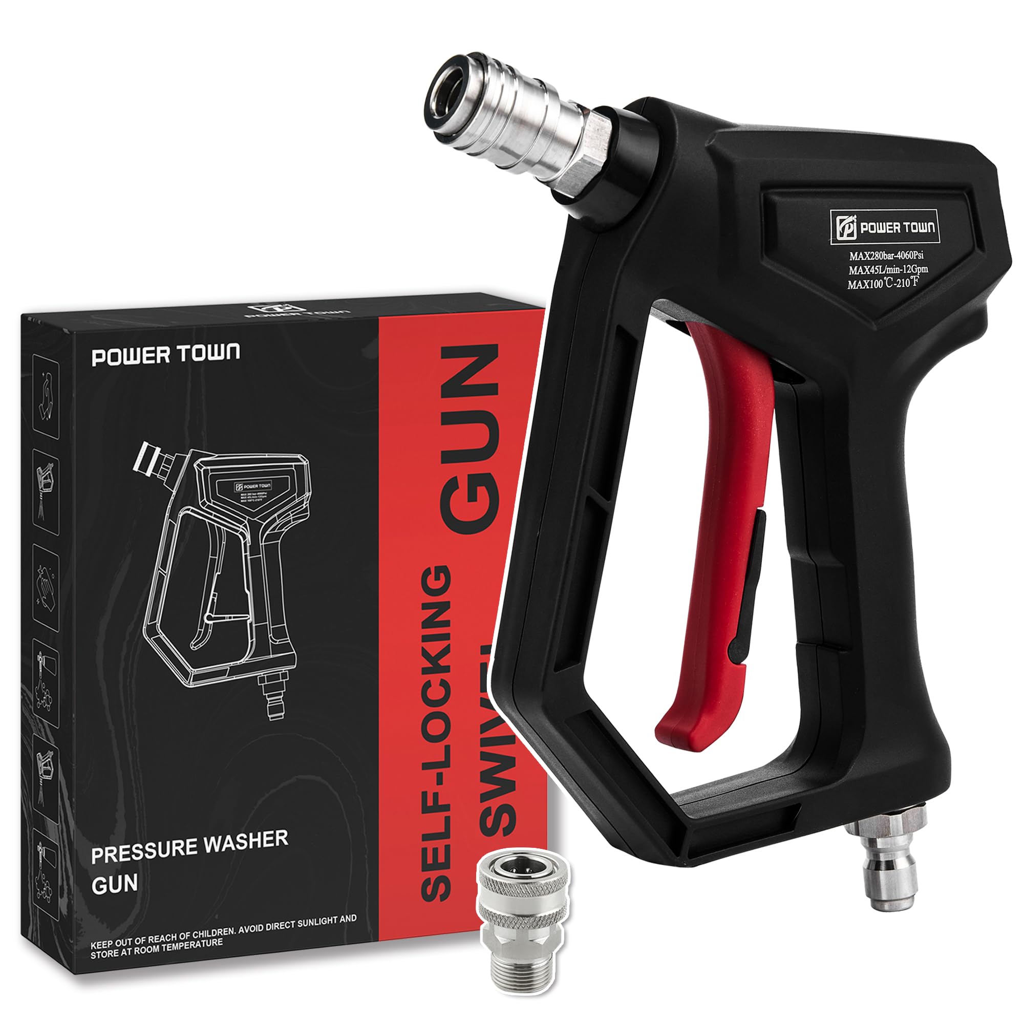 POWER TOWN Short Pressure Washer Gun with Swivel, 1/4" Automatic Quick Connector Power Washer Handle with 3/8" Swivel Male Plug Coupler, Addition M22-14mm Adapter