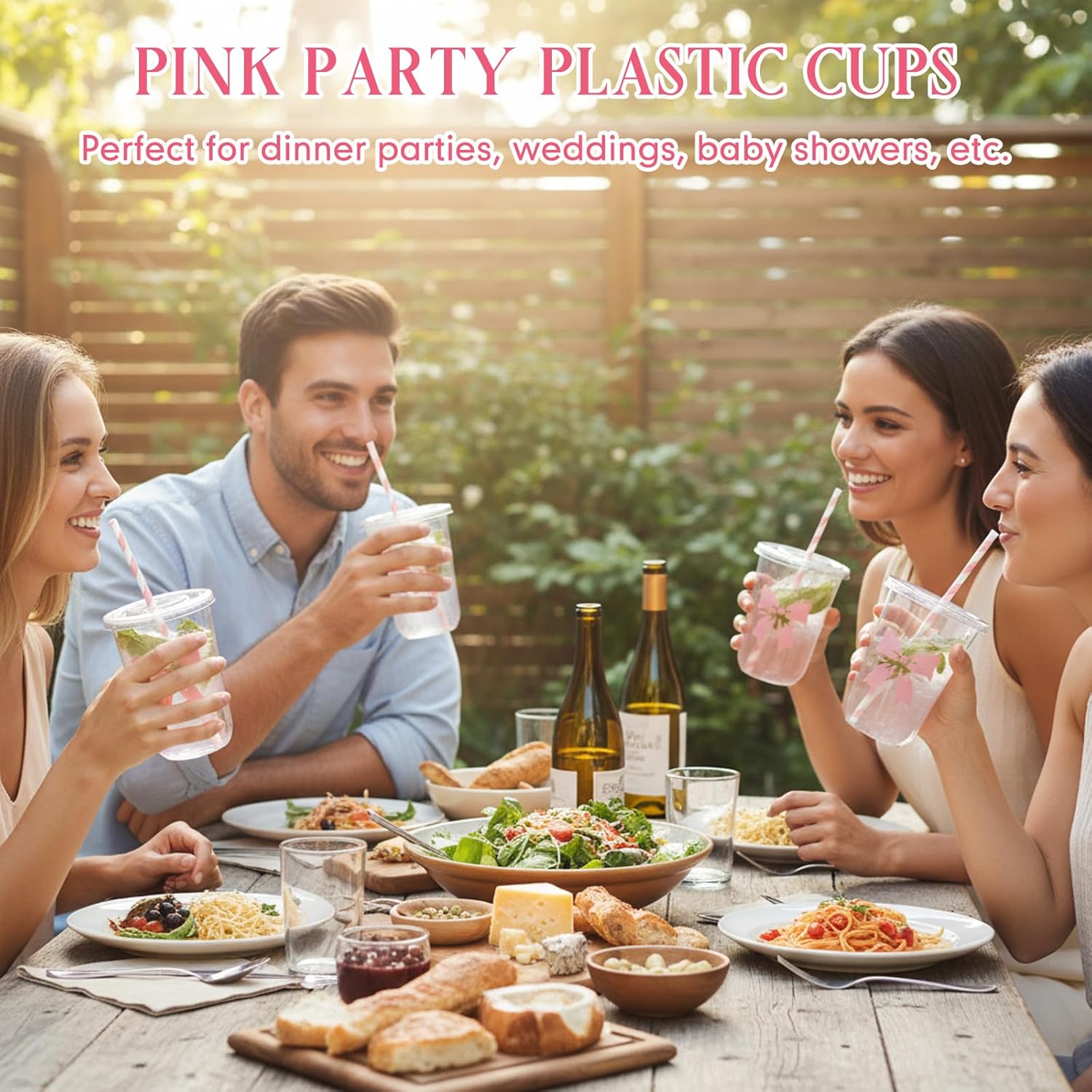 LemonRoad 50sets 16oz Pink Bow Cups, Pink Party Supplies, Cute Plastic Cups Disposable with Lids and Straws, for Birthday Wedding Engagement Drinkware Christmas Baby Shower Decorations - Image 7