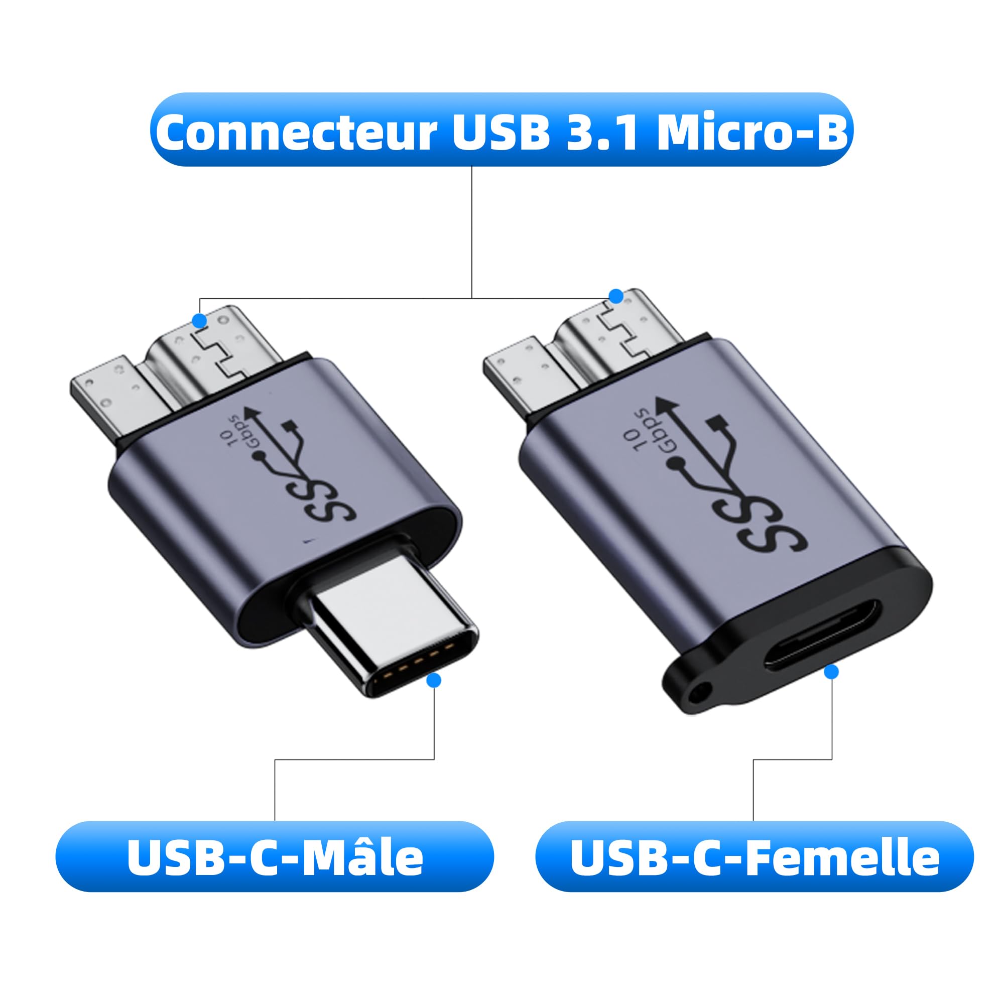 Adattatore USB C A Micro B 10Gbps 2 Pezzi - Convertitore Femmina Tipo C A Micro USB Per Hard Disk Esterno, SSD, Fotocamera, Smartphone - Connettore In Alluminio - 2