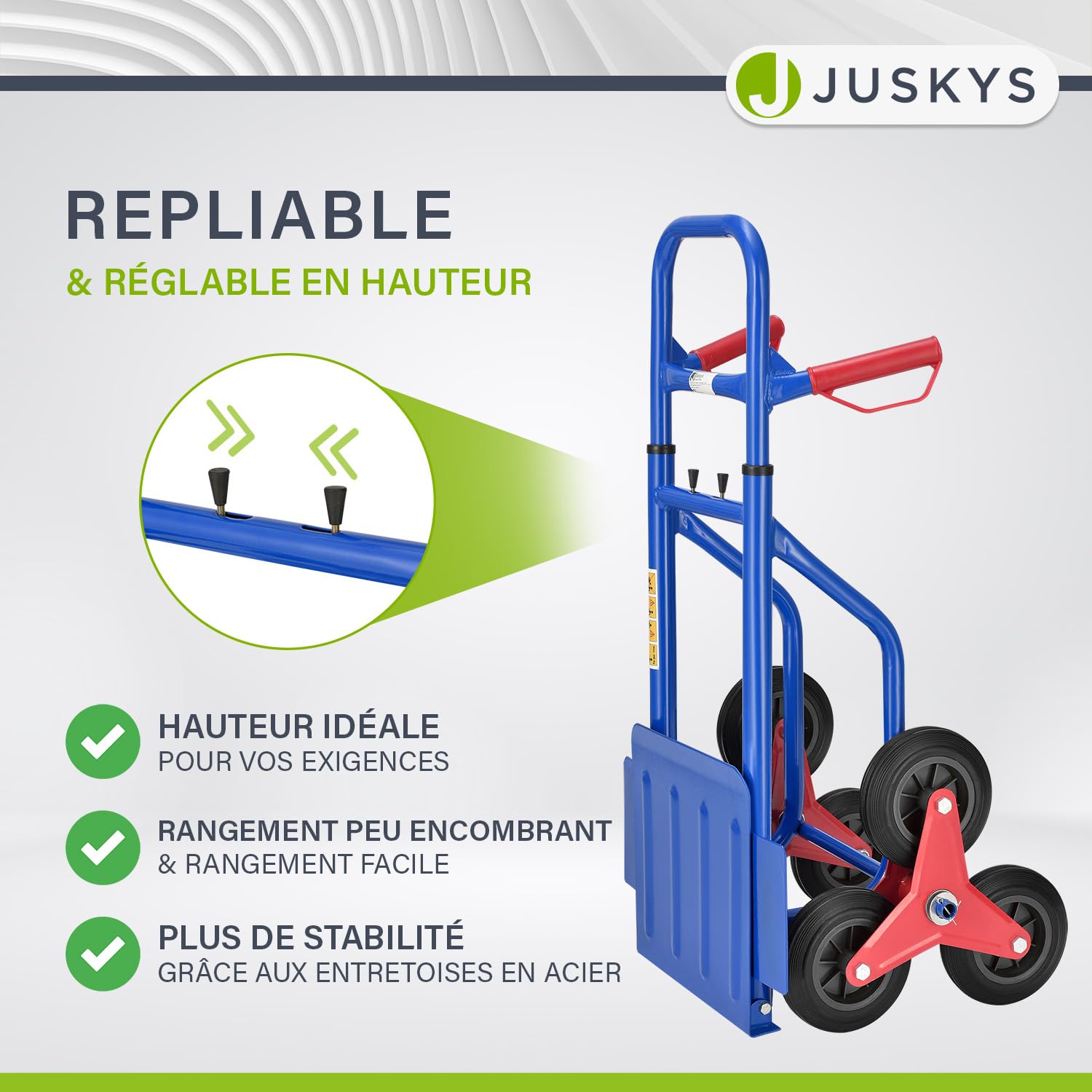 Juskys Diable d'escalier Pliable - Monte-escalier avec pneus en Caoutchouc Dur et Cadre en Acier - etiable pour déménagement & Objets Lourds Diable d'escalier