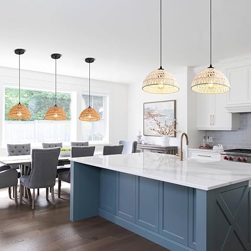 Miniatura 6 de 3 Pack Woven Pendant Light Fixtures,10.2" White Rattan Pendant Lights Farmhouse Basket Light Fixture Adjustable Boho Hanging Lamp for Kitchen Island