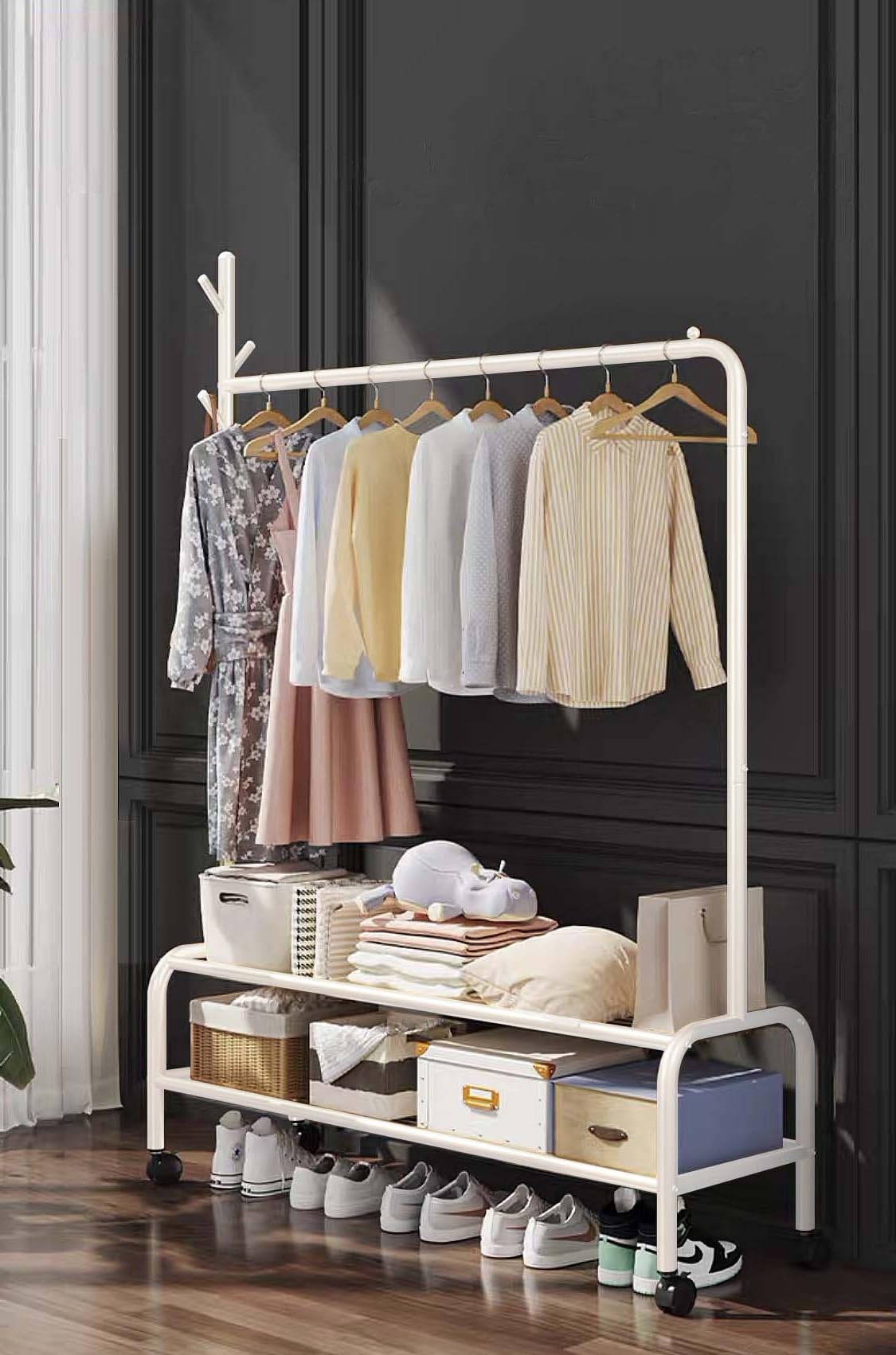 Lukzer | MGR-008 | White | Metal Garment Rack with Wheels & 2 Bottom Shelves – Freestanding Clothes Stand & Storage Organizer for Bedroom, Living Room, Shop Display & More | 173 x 110 x 34 cm