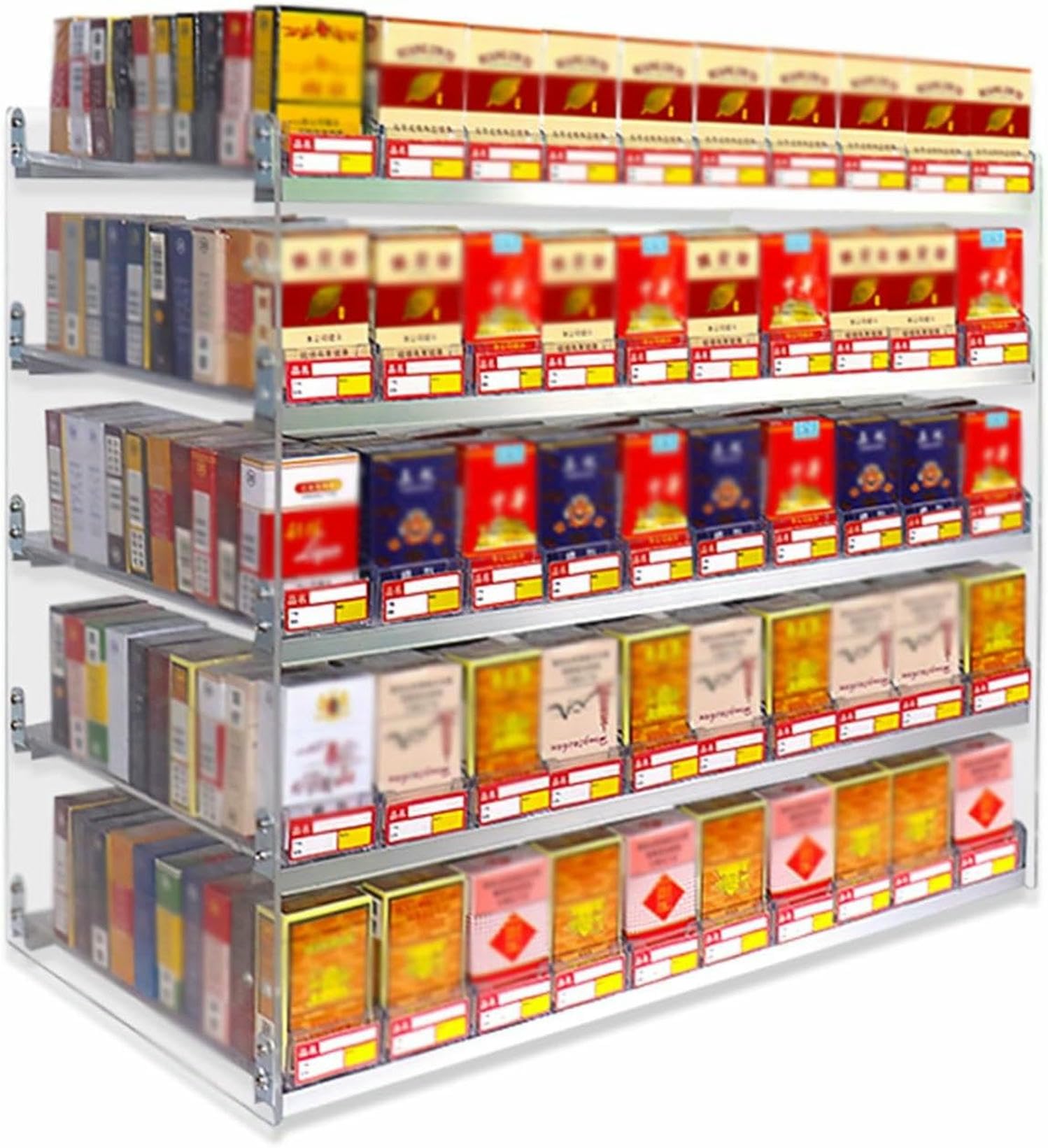 Plateau poussoir à cigarettes automatique pour éviter le désordre sur comptoir de commerce