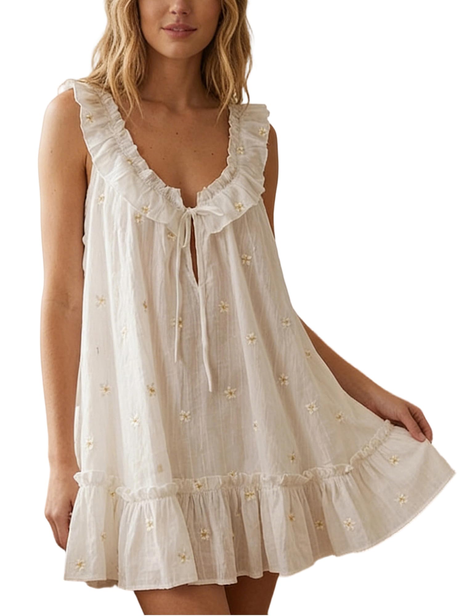 Acrawnni Nightdresses for Women UK Ladies Floral Print Loose Ruffle Trim V Neck Sleeveless Nightshirt Loose Chemise Mini Dress (A-White Flower, M)