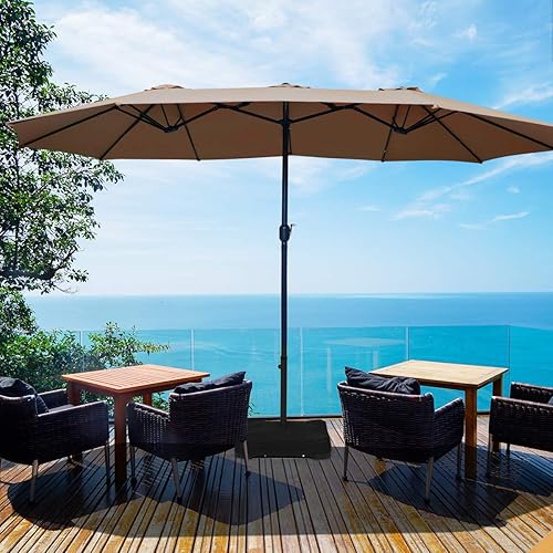 Vista 19 de Tangkula Paraguas de doble cara para patio de 15 pies con base, sombrilla de mesa individual extragrande para exteriores con manivela Naranja