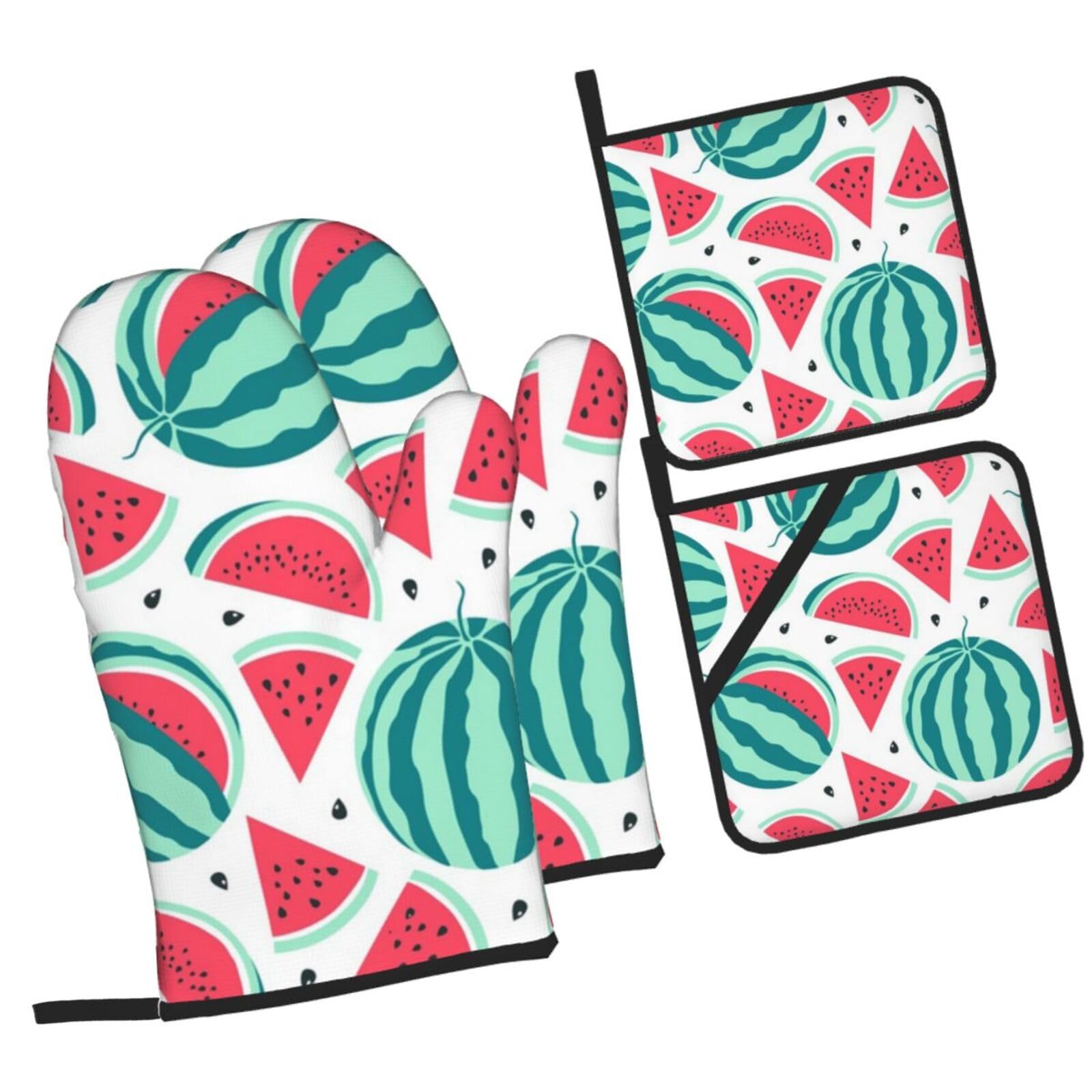 Fruits Watermelon Printed Oven Mitts and Pot Holders Heat Resistant Set of 4 Pcs, Modern Kitchen Gloves & Potholders for Cooking Baking Grilling