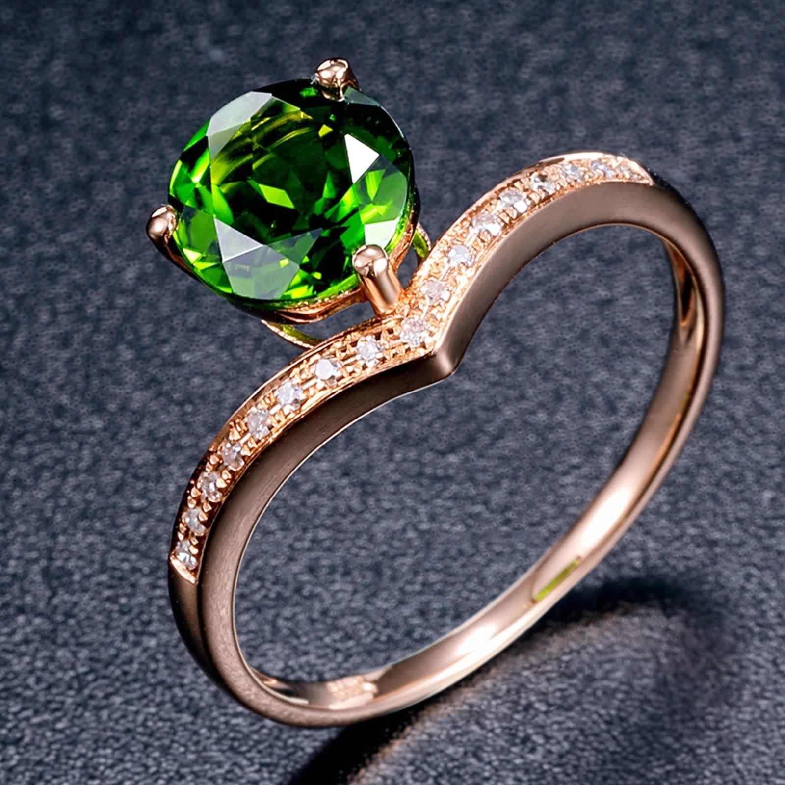 Anillos Mujer Oro 18 Kilates, Joyas de Mujer con 7mm Diópsido Diamante Forma V Oro Rosa 18 Kilates para Boda Aniversario Día de San Valentín