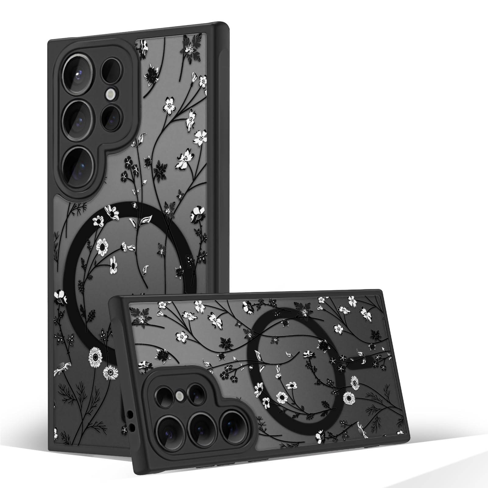 Oxytter Magnetic Case for Samsung Galaxy S24 Ultra [Compatible with MagSafe] Black Flower Floral Case for Women Girls Soft TPU Bumper Hard PC
