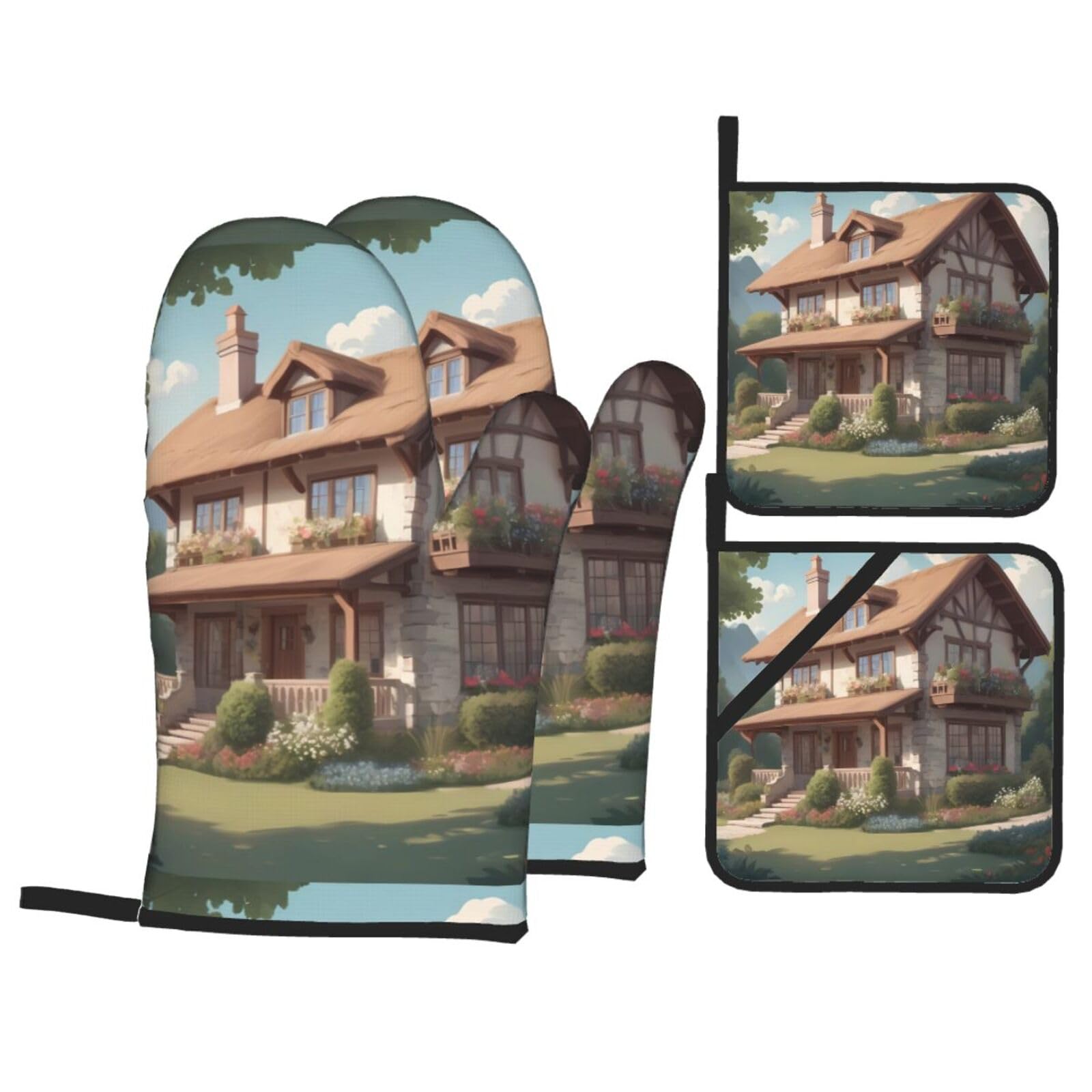 HJFCZH Exquisite Cottage Picture Kitchen Baking Set of 4 Thick Insulated Oven Mitt & Pot Holders, Anti-Scalding for Microwave, Oven, Outdoor BBQ