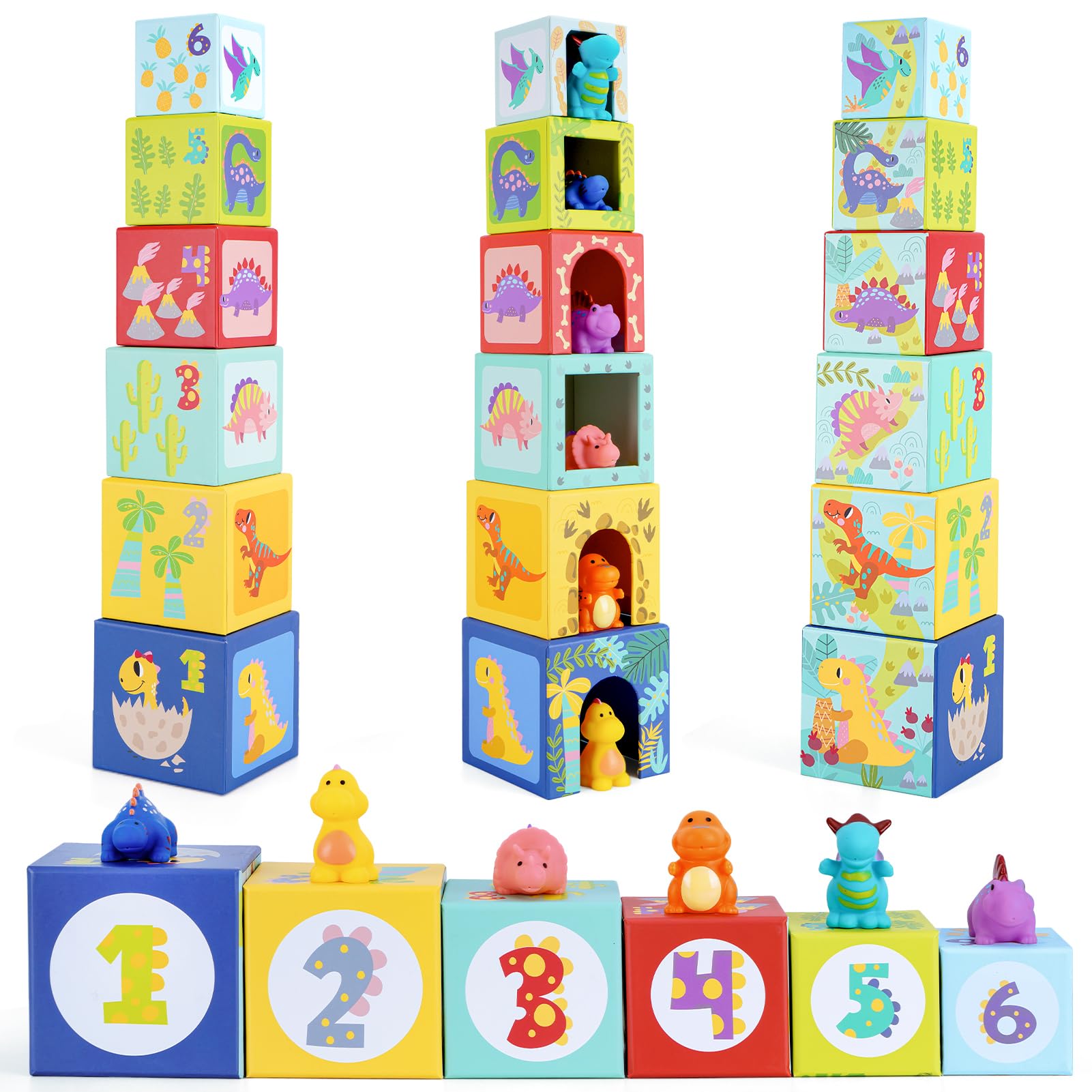 KMTJT - Giocattoli Educativi Animali Selvaggi Per Bambini 1-3 Anni - 6 Cubi Impilabili E 6 Animali Da Bagno - Giochi Montessori Sensoriali Per Neonati - Regalo Natale Bimba E Bimbo