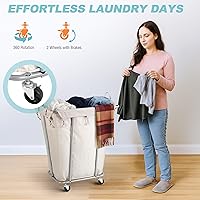 Vista 4 de PLKOW - Cesta de lavandería con ruedas de 120L, carrito de lavandería resistente con bolsa impermeable extraíble, cesta de ropa con estructura