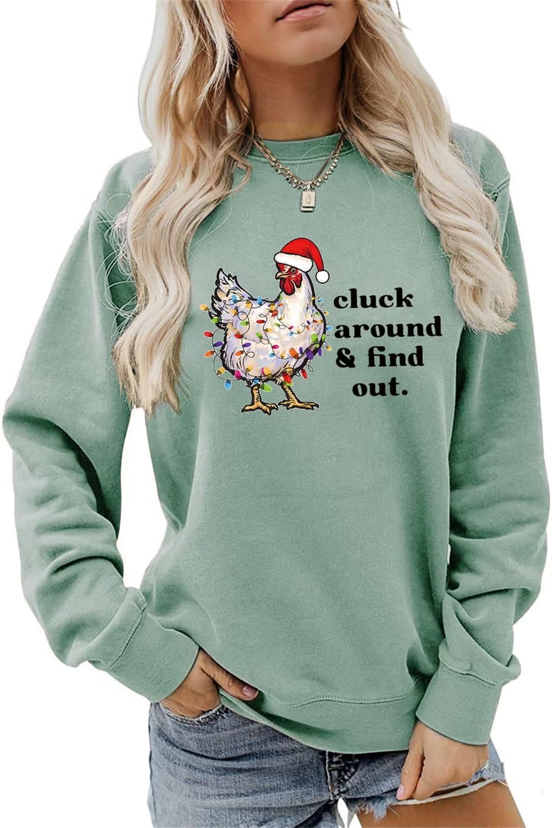 HHLLEOJKMama Sweatshirt for Women, Funny Cluck Around and Find Out Printed Casual Pullovers Christmas Crewneck Hoodie Top