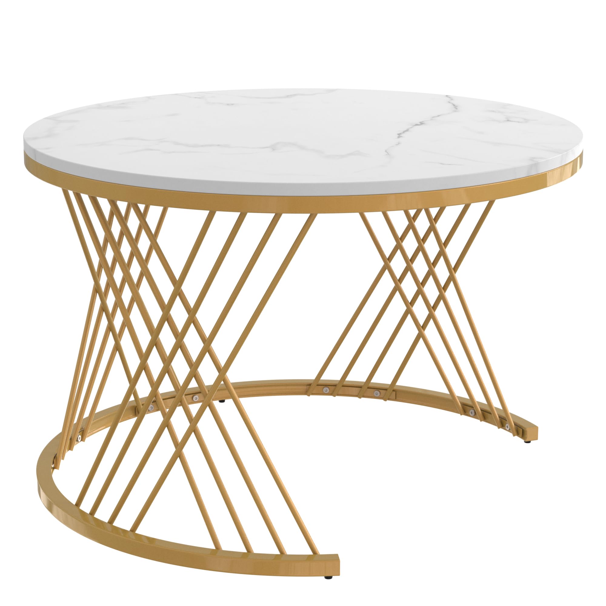Tavolino rotondo 2 in 1 in MDF, tavolino con piano in marmo e cassetti in rattan sintetico, piedini in ferro dorato, manici in legno massiccio, 70 x 70 x 45,5 + 50 x 50 x 38,5 cm (bianco + oro)