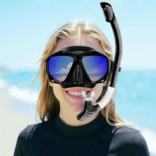 Miniatura 7 de Snorkeling Gear for Adults, Dry Snorkel Mask Set Blue Electroplated 180 Panoramic Wide View Anti-Fog Scuba Diving Mask Goggles, Professional Snorkel