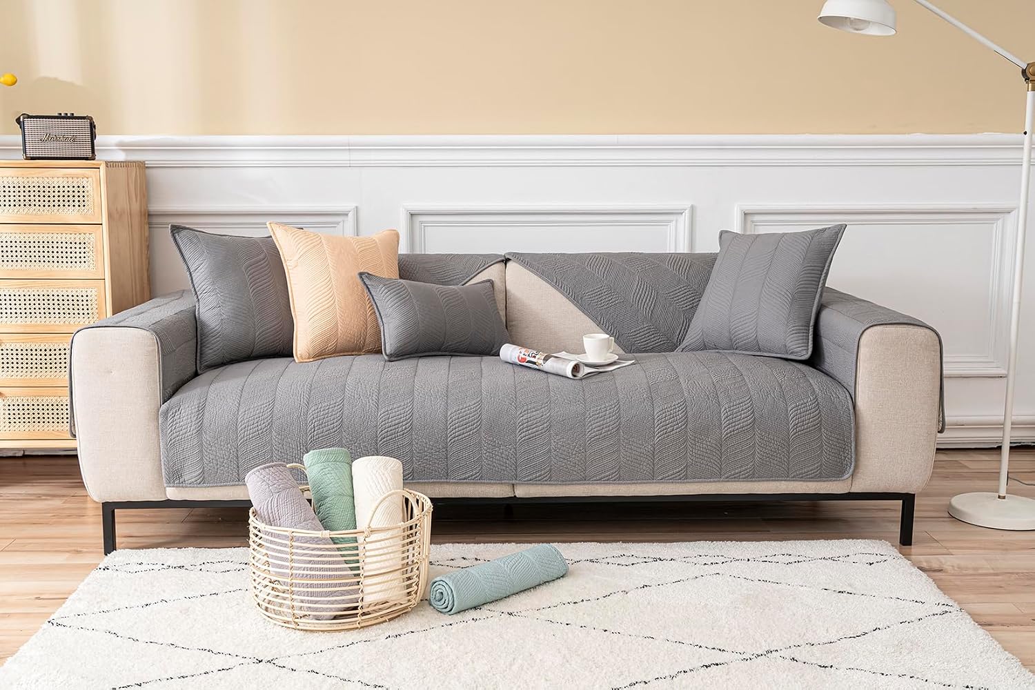 Solid Color Cotton Quilted Sofa Cover Sectional Soft Sofa Slipcover Non-Slip Sectional Couch Covers Anti Cat Scratch Armrest Backrest Recliner Cover (Beige,36''x28'')