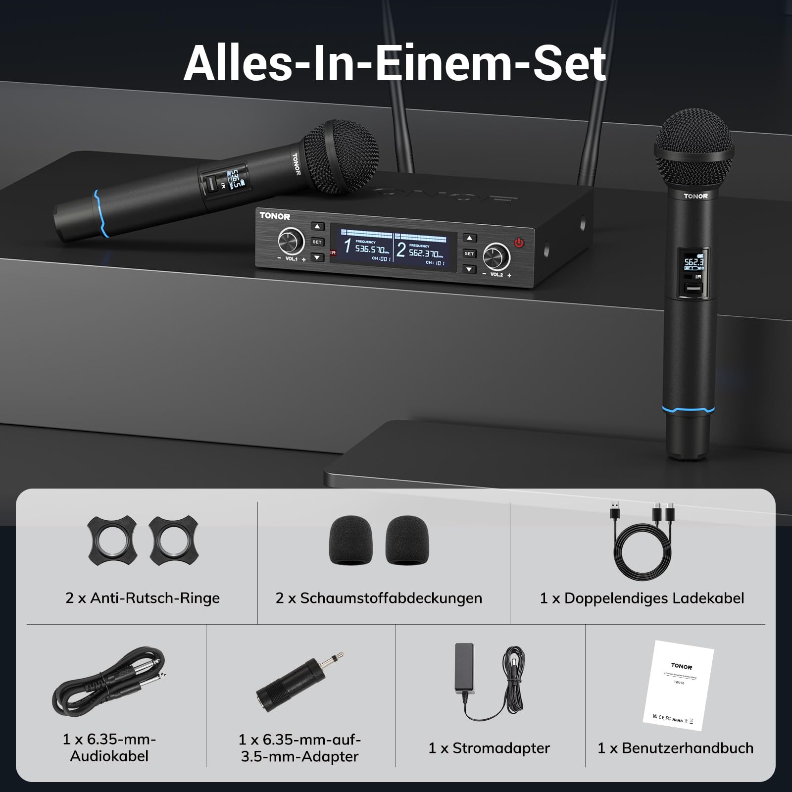 TONOR Mikrofon Kabellos Wiederaufladbares, UHF Funkmikrofon Set, 2x100 einstellbare Funk Metall Wireless Microphone mit Lichtring, Auto Scan, 100 m Reichweite für Gesang Karaoke Kirche Party, TW750