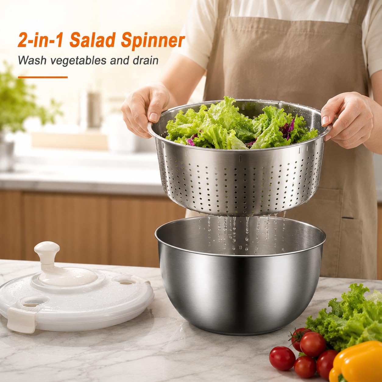 6L Edelstahl Salatschleuder mit Wäschekorb und Abfluss