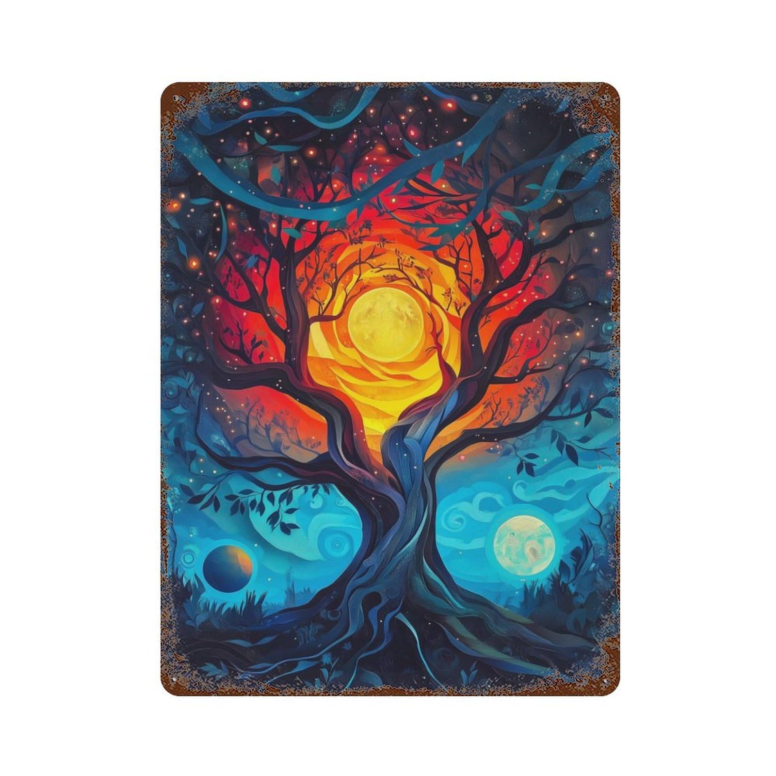 Distressed Metal Wall Sign with Tree of Two Moons Design 15.7"x11.8", for Living Room, Hallway And Home Decor, Vintage Wall Decor